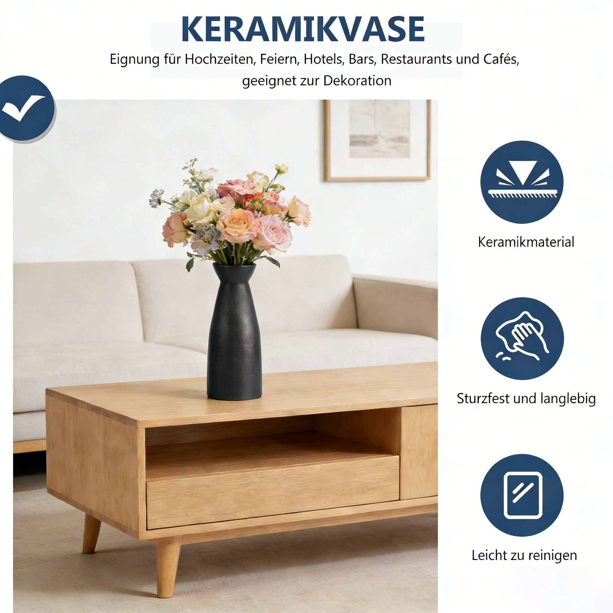 BlingBin Dekovase 3er-Set Keramik Vasen, Kleine Blumenvasen für Schnitt-/ Trockenblumen (3er Set, 3 St., Pampas-Vase: 22.5x8,5 cm;Klein Vase: 12x7 cm;Knospen Vase: 10x7.4 cm), Vasen für Regal, Tisch und Sideboard, Keramik, standfest