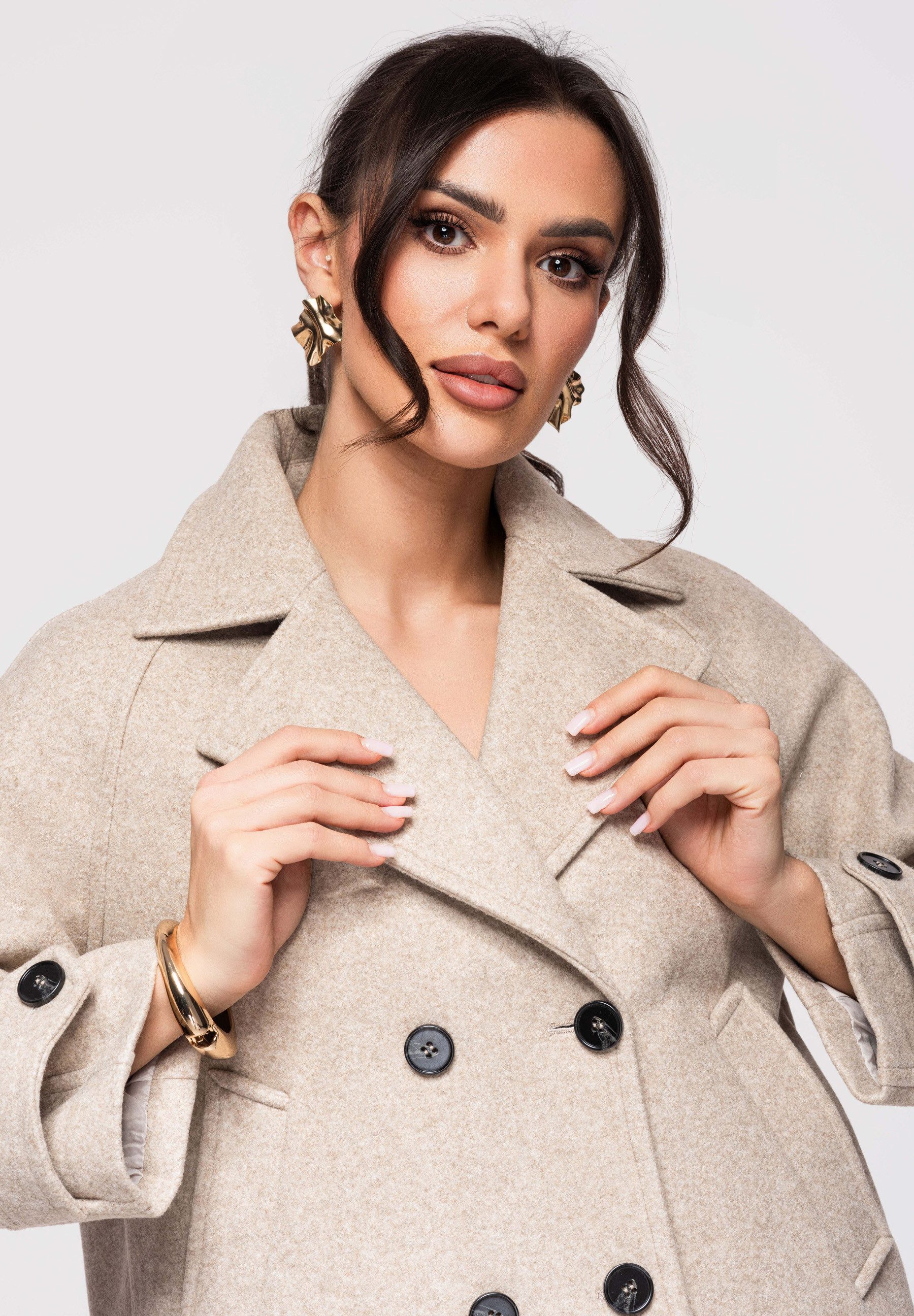 OMBRE Trenchcoat Damen Peacoat Kurzmantel Oversize Casual Taupe XL (kein Set, 1-tlg) Zweireihige Knopfleiste, breite Revers