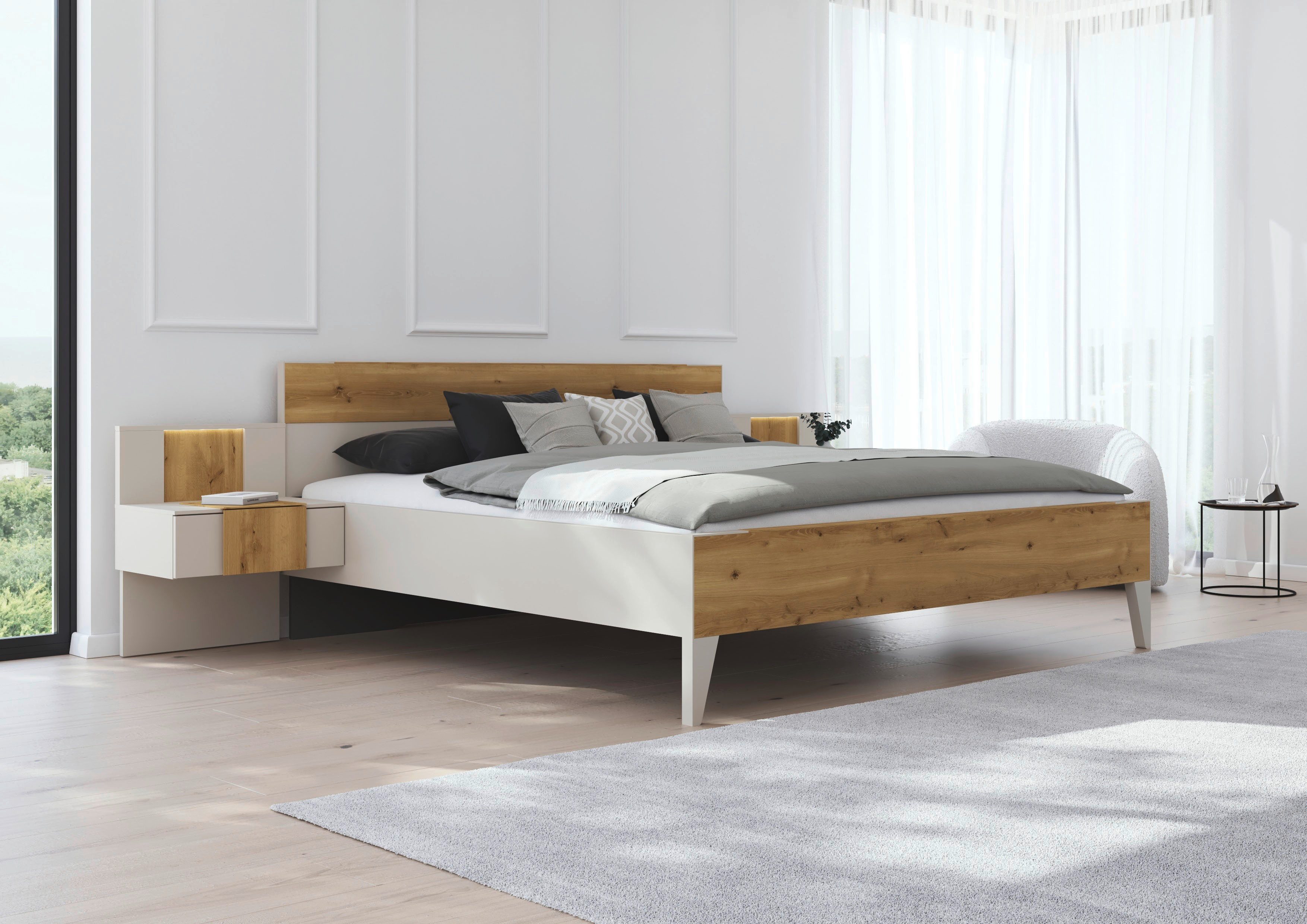 rauch Bettanlage Bett Doppelbett Komfortbett Schlafzimmer Nachttische KONA, (Set, 5-tlg., Bett 180x200 oder 200x200, 2x Hängenachttisch, 2x Paneele mit Bel), Absetzung Asteiche massiv, inkl. SOFT-CLOSE-FUNKTION MADE IN GERMANY