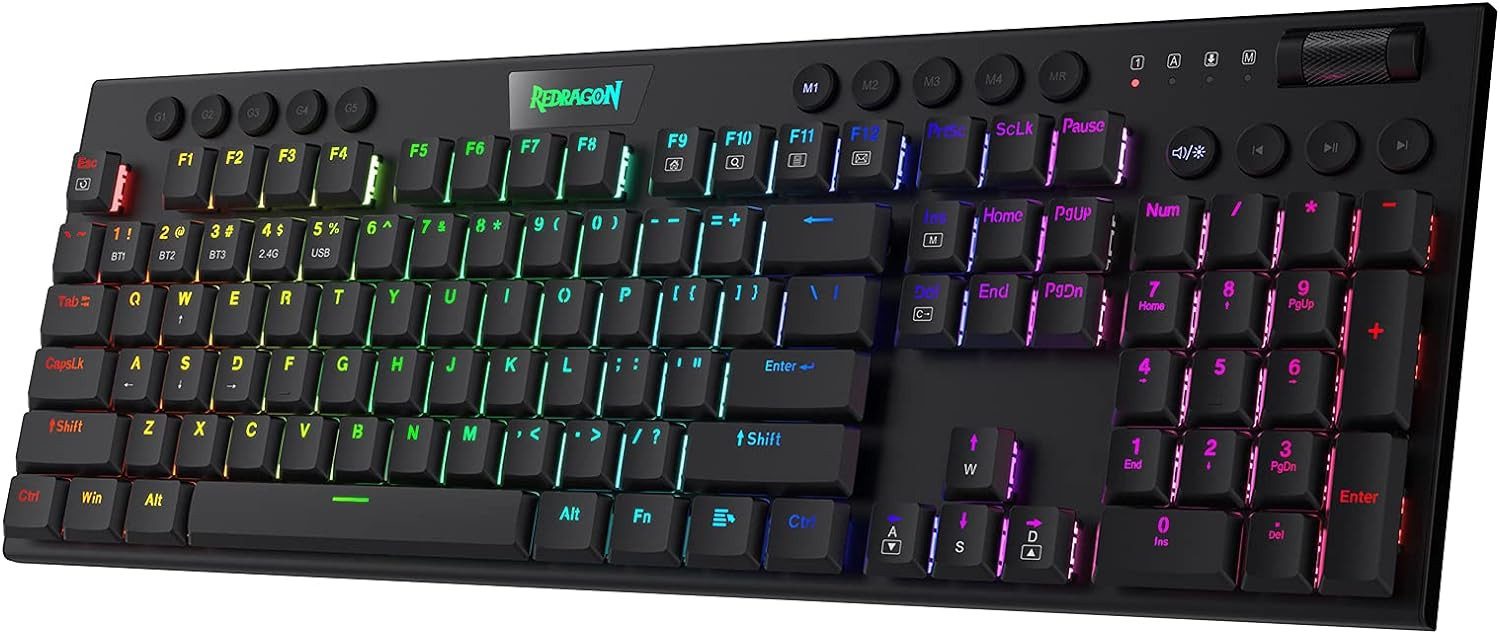 Redragon K618 Mechanical, RGB, BT/2.4Ghz/Wired, Blue Switches, Black Gaming-Tastatur (Tri-Mode-Konnektivität, 20 Makro-Tasten)