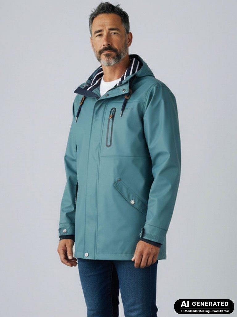 Dry Fashion Regenjacke Lübeck Herren PU-Parka - Outdoor-Jacke Mantel Wasserdicht & Winddicht Verschweißte Nähte, Verstellbare Kapuze, Abgedeckter Reißverschluss