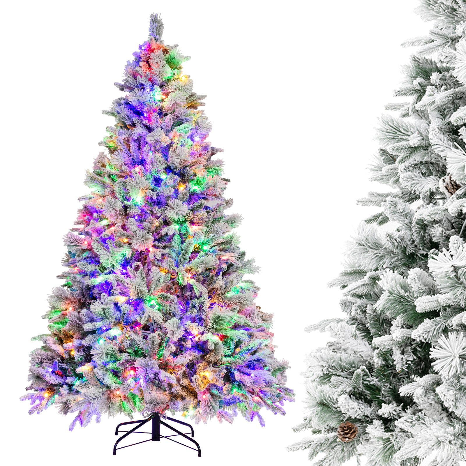 COSTWAY Künstlicher Weihnachtsbaum, 210cm 1270 Zweige mit Schnee, 8 Lichtmodi
