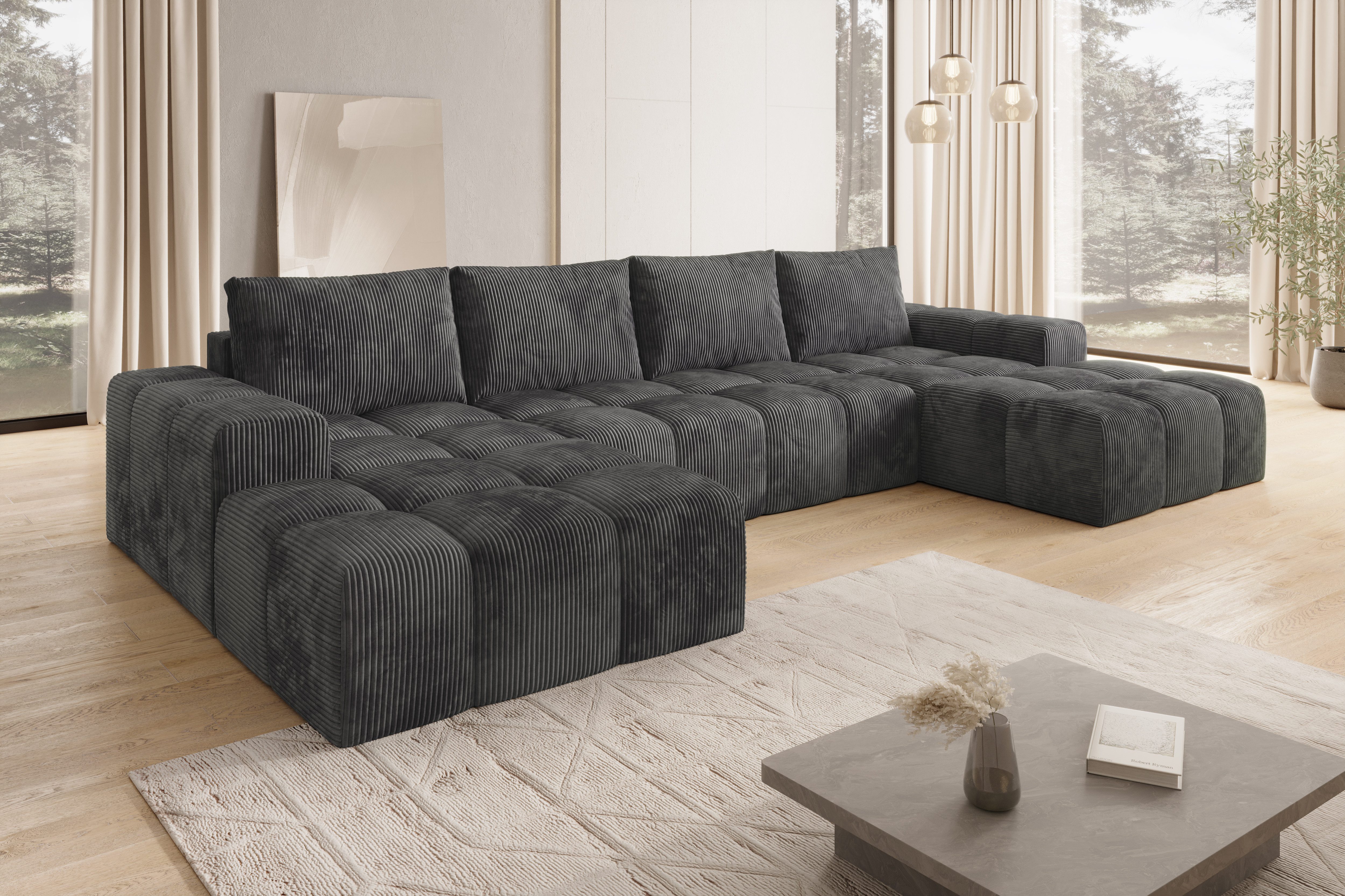 PROMETO Möbel Ecksofa Couch U-Form, Sofa U-Form Teddy-Bouclé, Web oder Cord-Stoff Cento