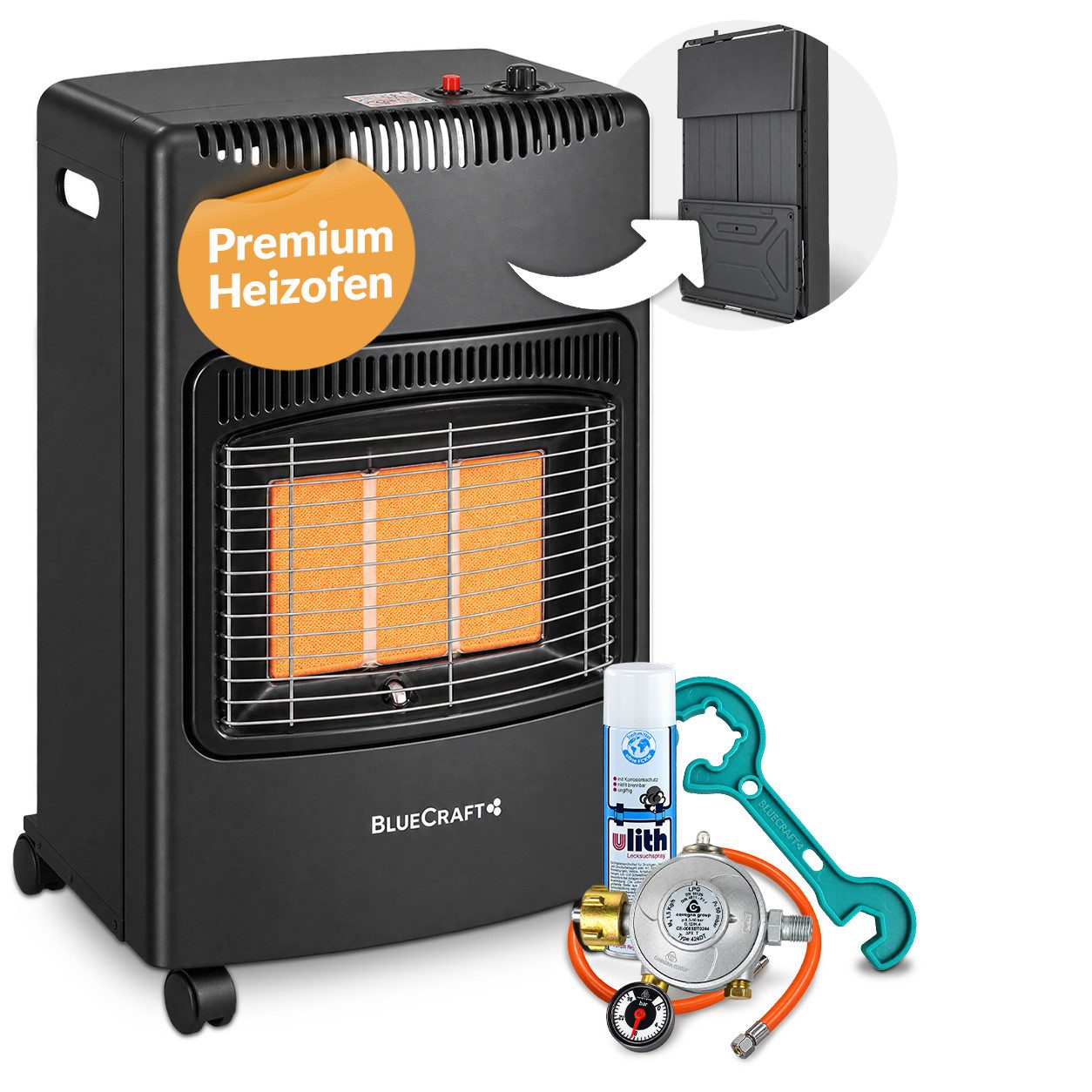 BlueCraft Heizstrahler PREMIUM Gasheizung Gasofen 4200 W Campingheizung Gas-Heizstrahler, 4200 W, 3-Stufen-Regulierung, Kompakt, Mobil, Mit Gasdruckregler + Schlauch