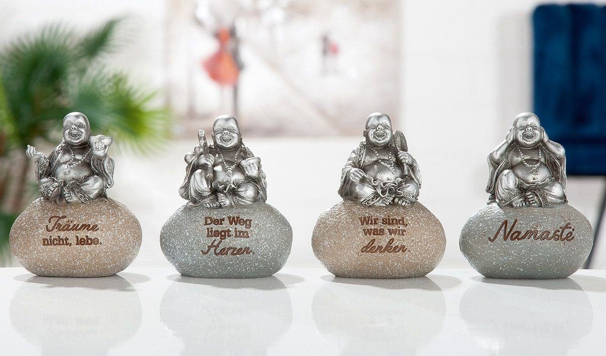 GILDE Dekoobjekt 4er Set Lachender den mit Stein Zitat Figuren motivierenden auf Buddha