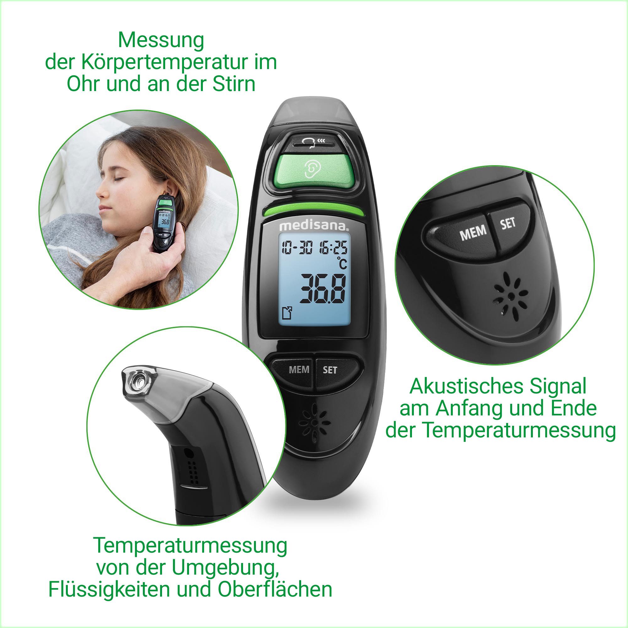 medisana Infrarot-Fieberthermometer TM 750, Messung von Körper- & Umgebungstemperatur, Flüssigkeiten, Oberflächen
