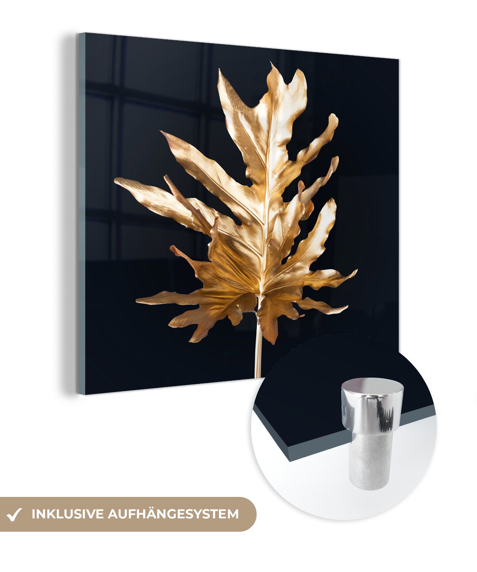 MuchoWow Acrylglasbild Blätter - Gold - Herbst - Natur - Luxus, (1 St), Glasbilder - Bilder auf Glas Wandbild - Foto auf Glas - Wanddekoration bunt