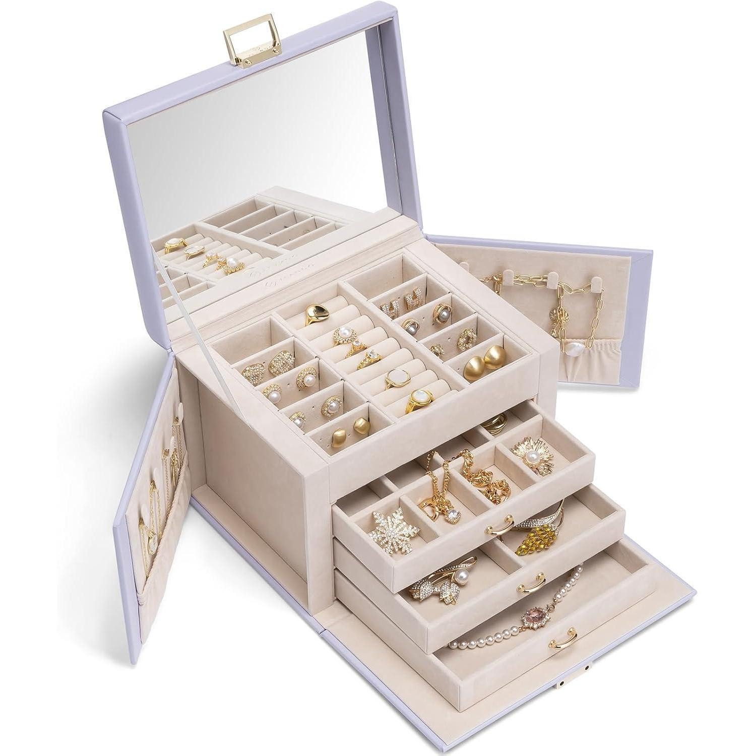 LuxusKollektion Schmuckset Schmuckkasten 4 Ebenen Schmuckschatulle PU Leder Lila Spiegel