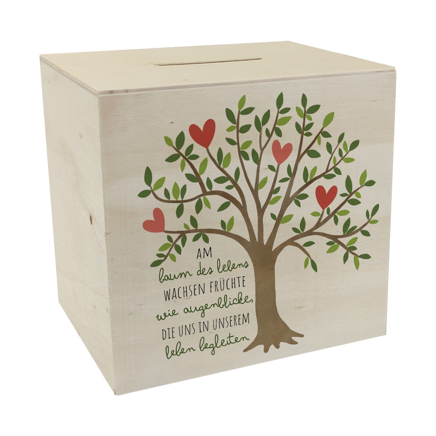 Spardose Lebensbaum Spardose aus Holz mit Spruch trägt Augenblicke als Früchte