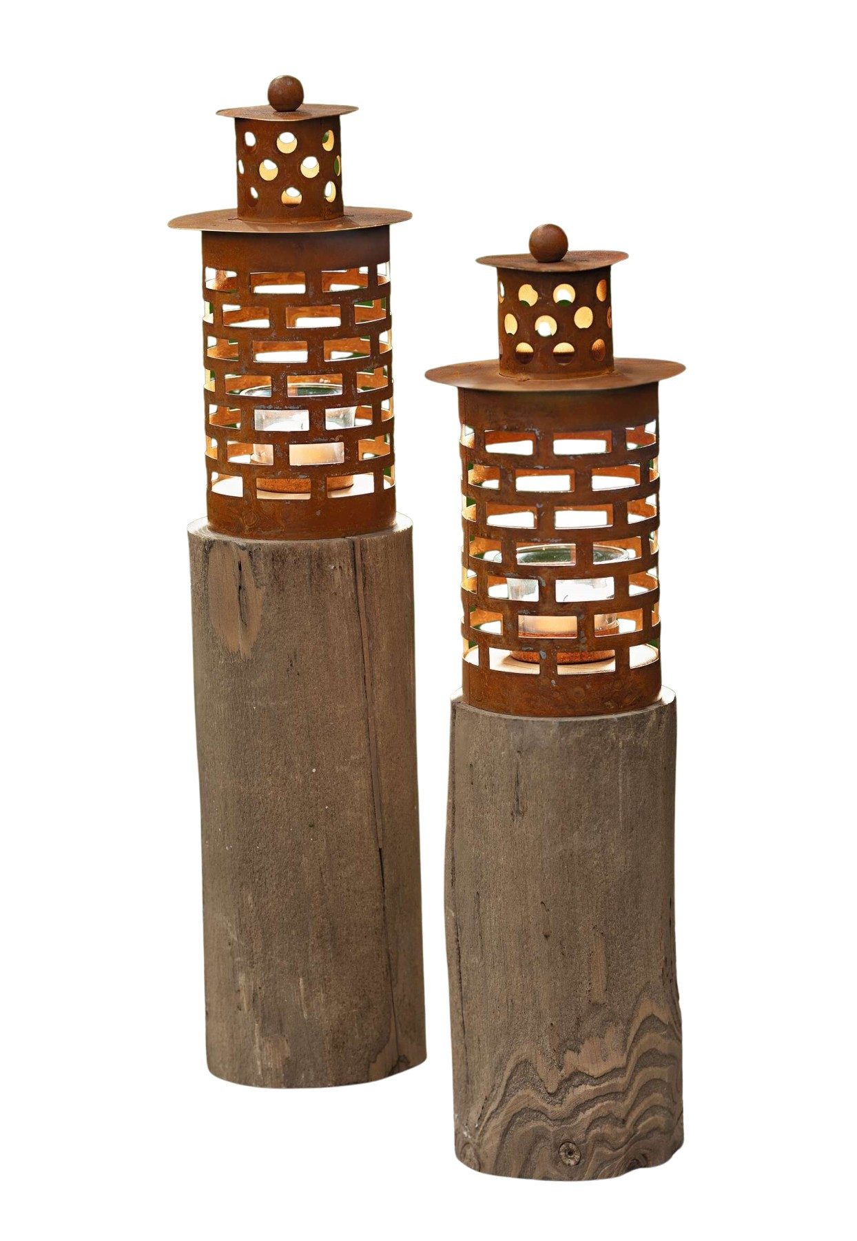 Dekoleidenschaft Bodenwindlicht Windlichtsäule "Türmchen" aus Holz & Metall in Rost-Optik, 43 + 50 cm (2 St., im Set), Windlicht, Holzsäule, Kerzenhalter, Kerzensäule mit Windlichtglas