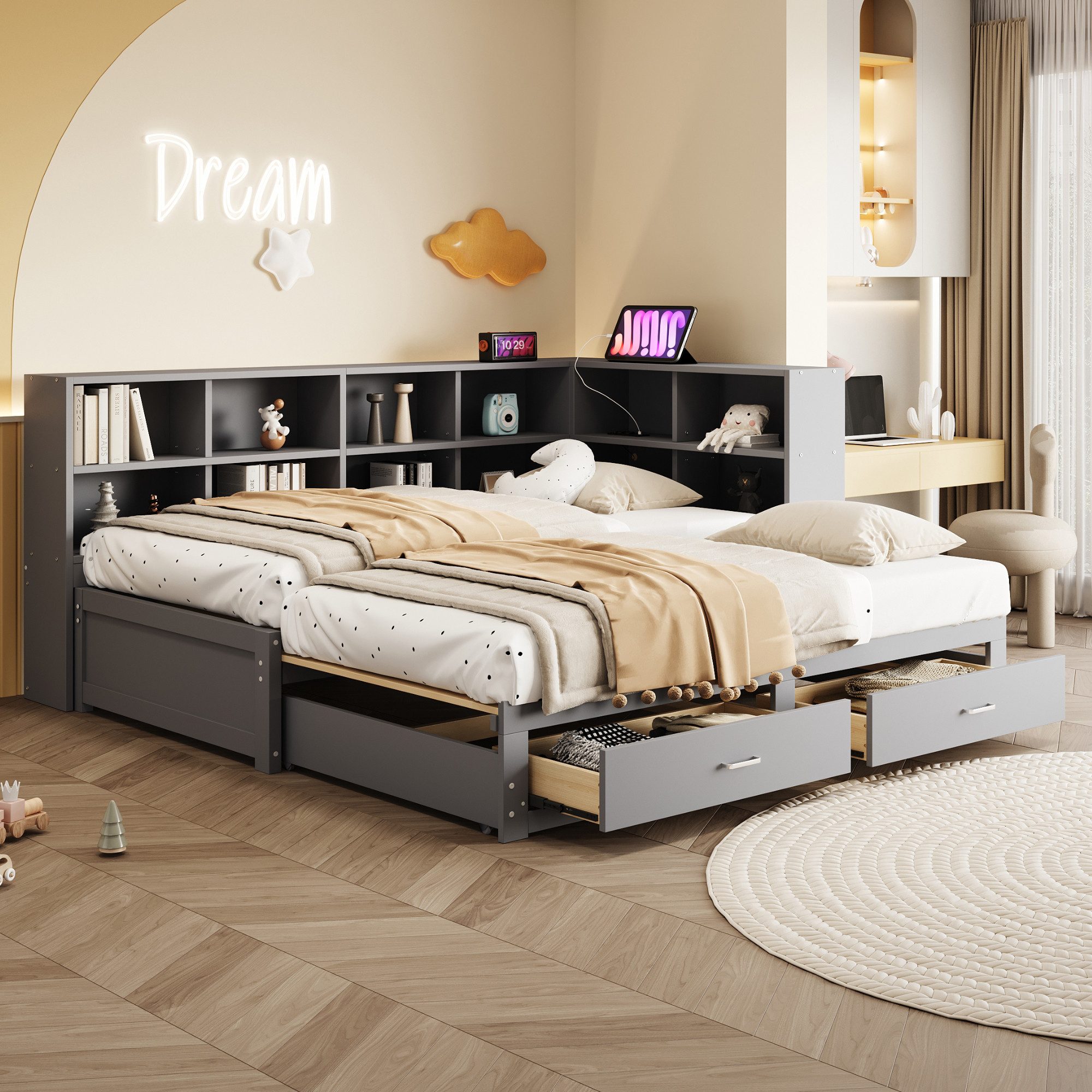 Merax Daybett 90/180x190cm mit USB-Steckdose (1 tlg), Ausziehbares Schlafsofa Kinderbett mit Ablagefächern und 2 Schubladen