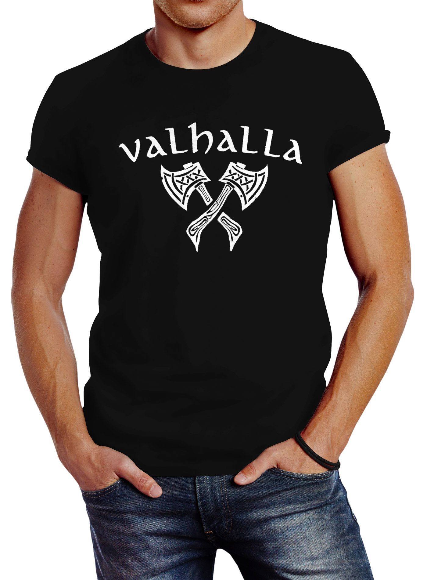 Streetstyle Print T-Shirt Krieger Mythologie Herren nordische Valhalla Wikinger Print-Shirt mit Fashion Neverless Axt Neverless®