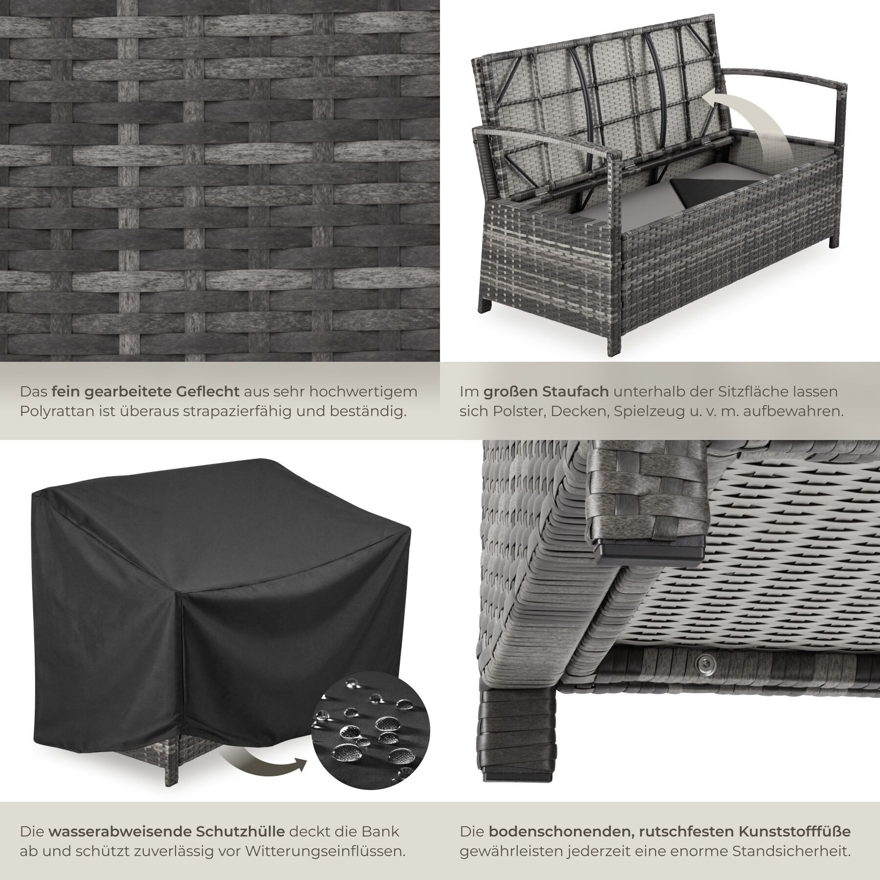 tectake Gartenbank Polyrattanbank 2-Sitzer wetterfest mit Stauraum und Schutzabdeckung (Terrassenbank Vecchia, in Grau), Belastbarkeit 250 kg, Inkl. Sitzpolster – Bild 5 von 5