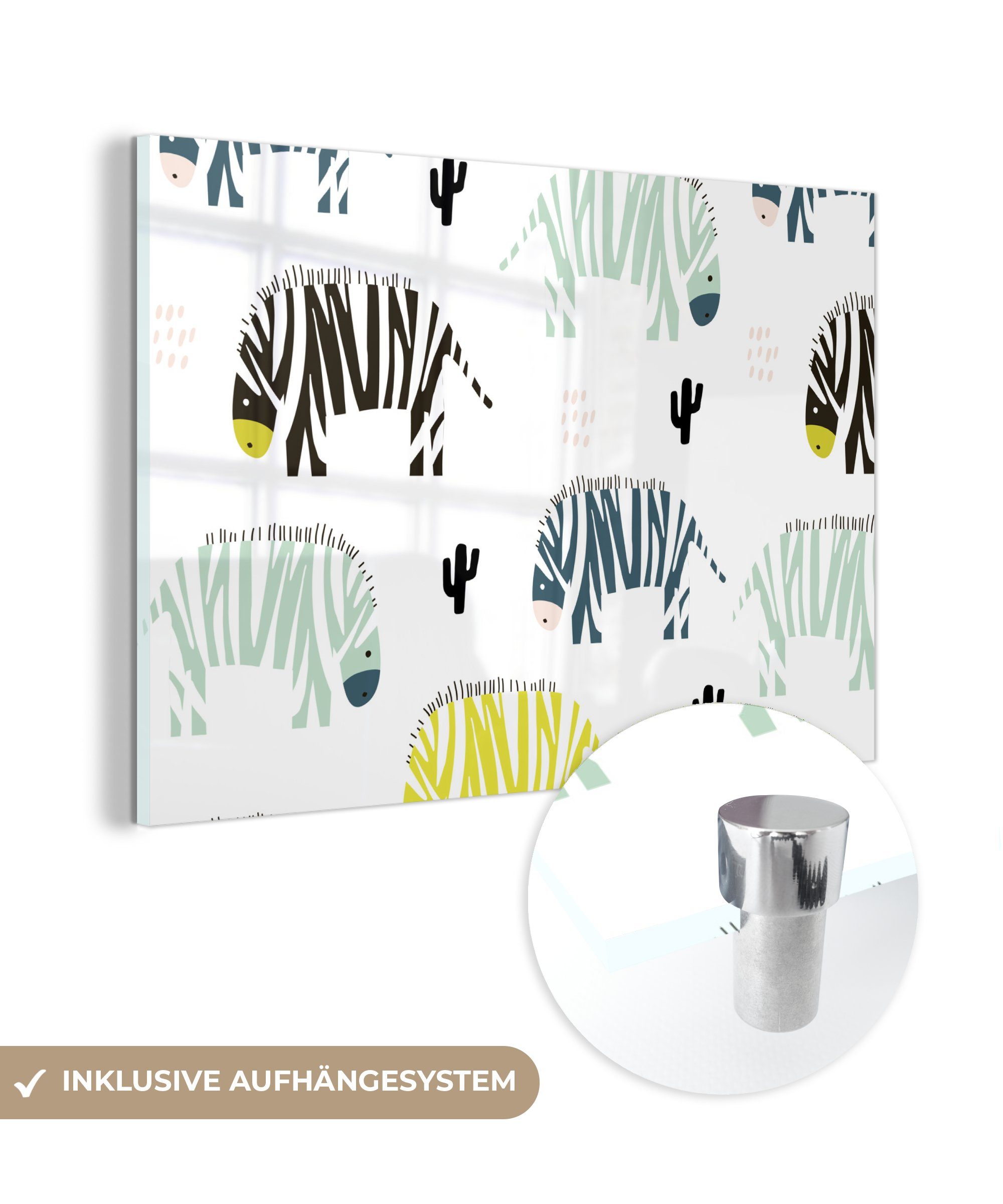 MuchoWow Acrylglasbild Zebra - Farben - Kaktus - Weiß, (1 St), Glasbilder - Bilder auf Glas Wandbild - Foto auf Glas - Wanddekoration