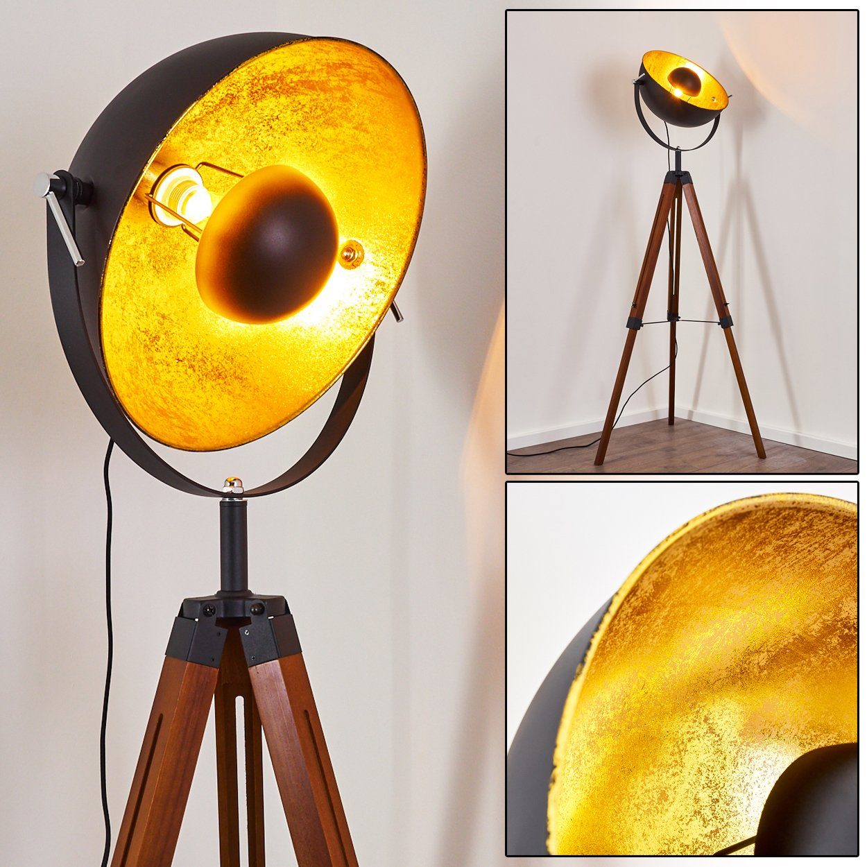 Vintage ohne Stehleuchte Weiß, aus Ø45cm, verstellbare hofstein in Leuchtmittel, Gestell Schwarz/Gold »Ghedi« Stehlampe in Bodenleuchte Holz Metall, E27,