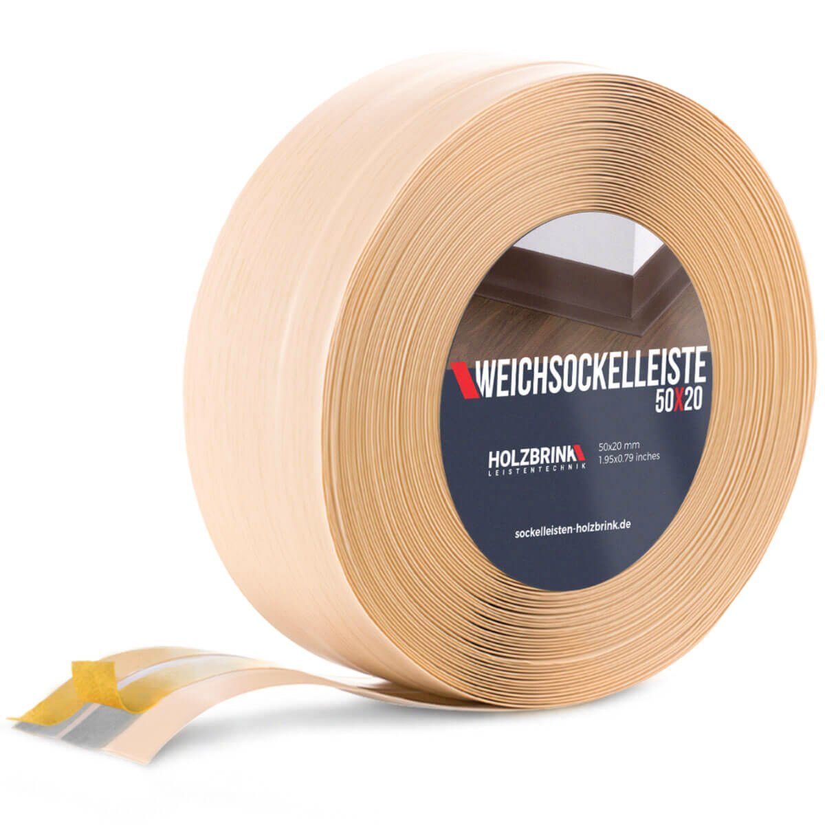HOLZBRINK Sockelleiste PVC Weichsockelleiste selbstklebend 50x20mm Kiefer, 25m Rolle, Küchenabschlussleiste Arbeitsplatte, Fensterleiste, Fensterabdichtung
