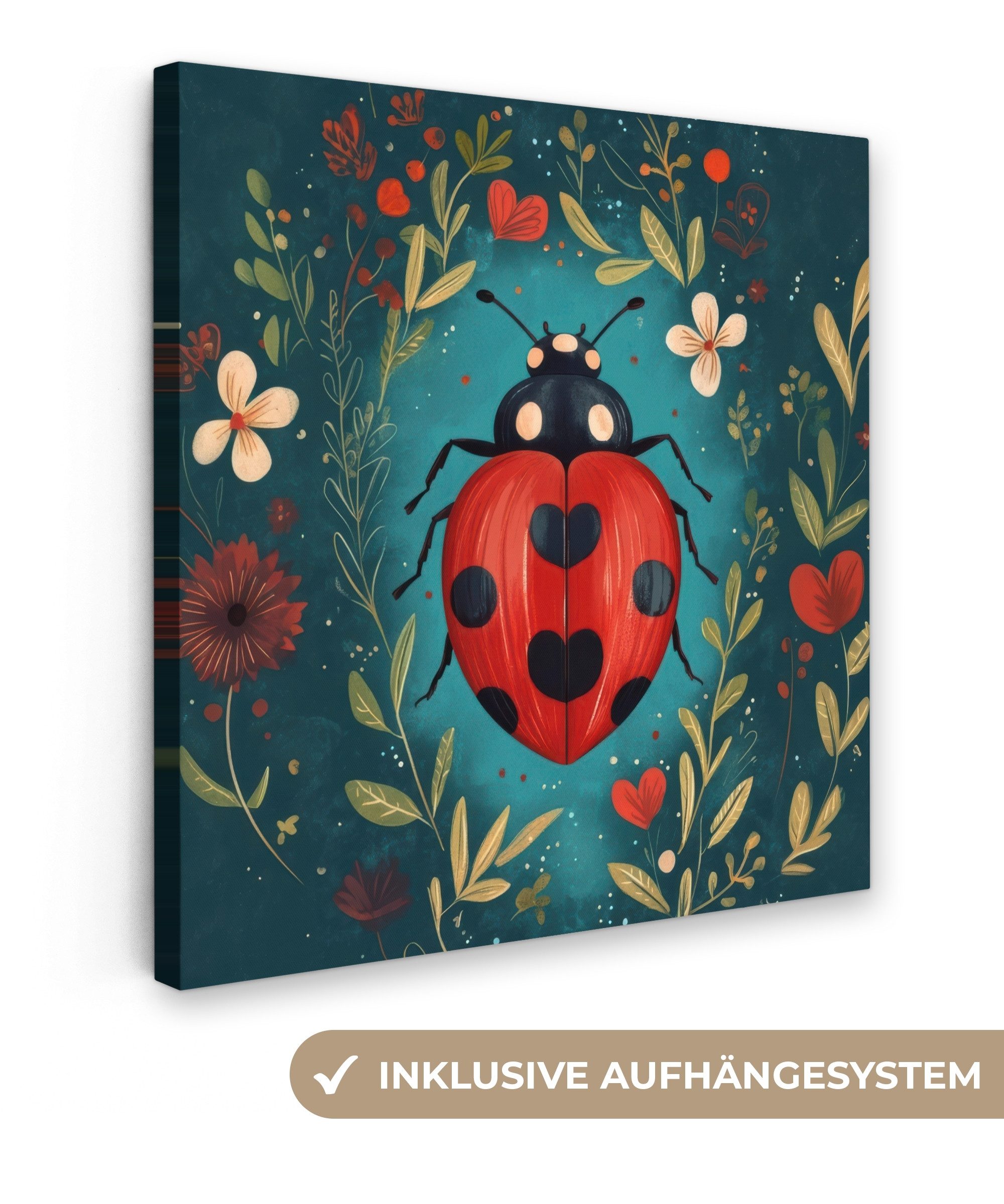 OneMillionCanvasses® Leinwandbild Blumen - Marienkäfer - Herz - Rot, Fotodruck (1 St), Wandbild, Deko Schlafzimmer Wohnzimmer Flur 20x20 cm