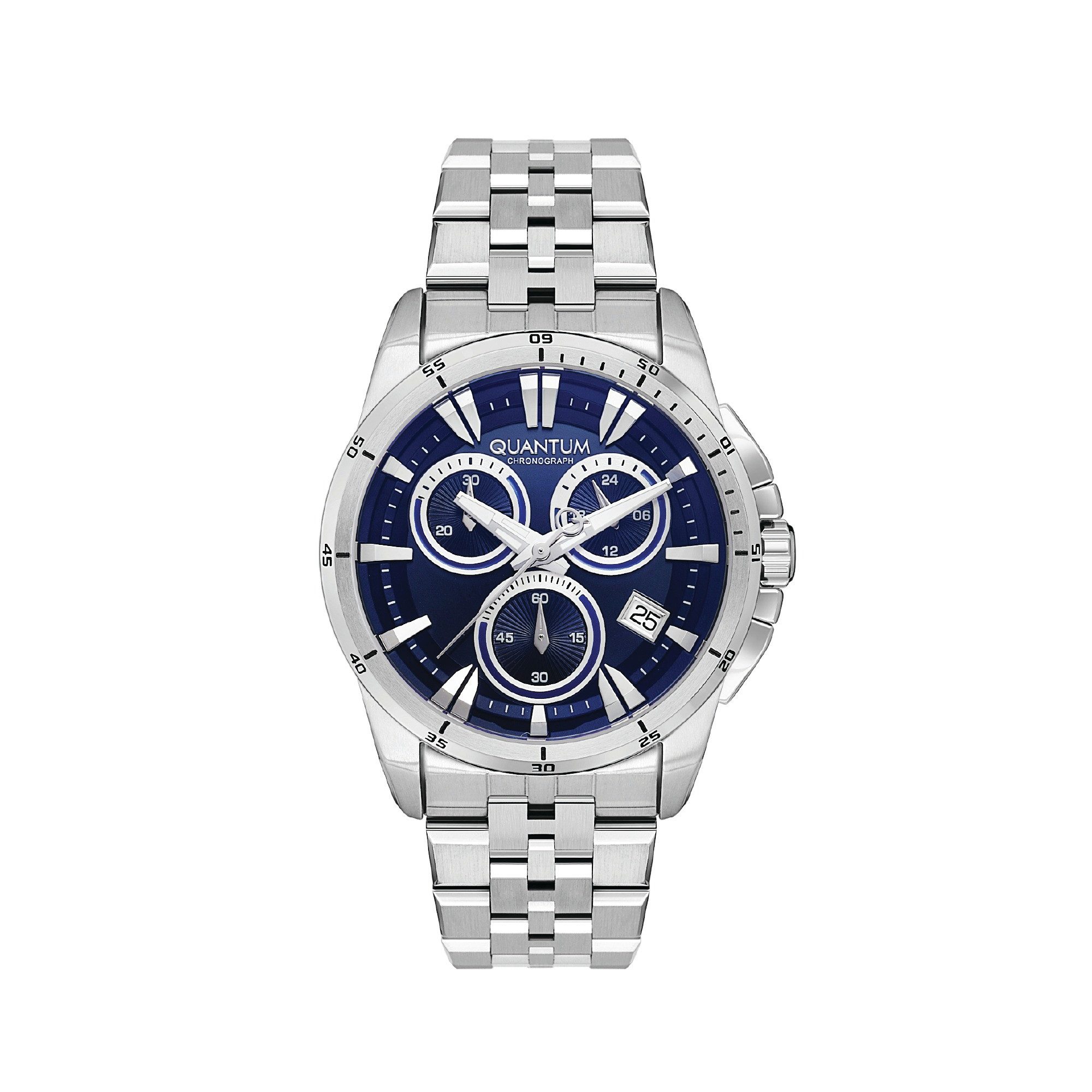 QUANTUM Chronograph Herrenuhr Sport Edelstahl, 44 mm – Geschenk für Männer dunkelblaues Zifferblatt, silber – PWG1124.390, (1-tlg), Datum, Mineralglas, 10 ATM wasserdicht, inkl. Geschenkbox