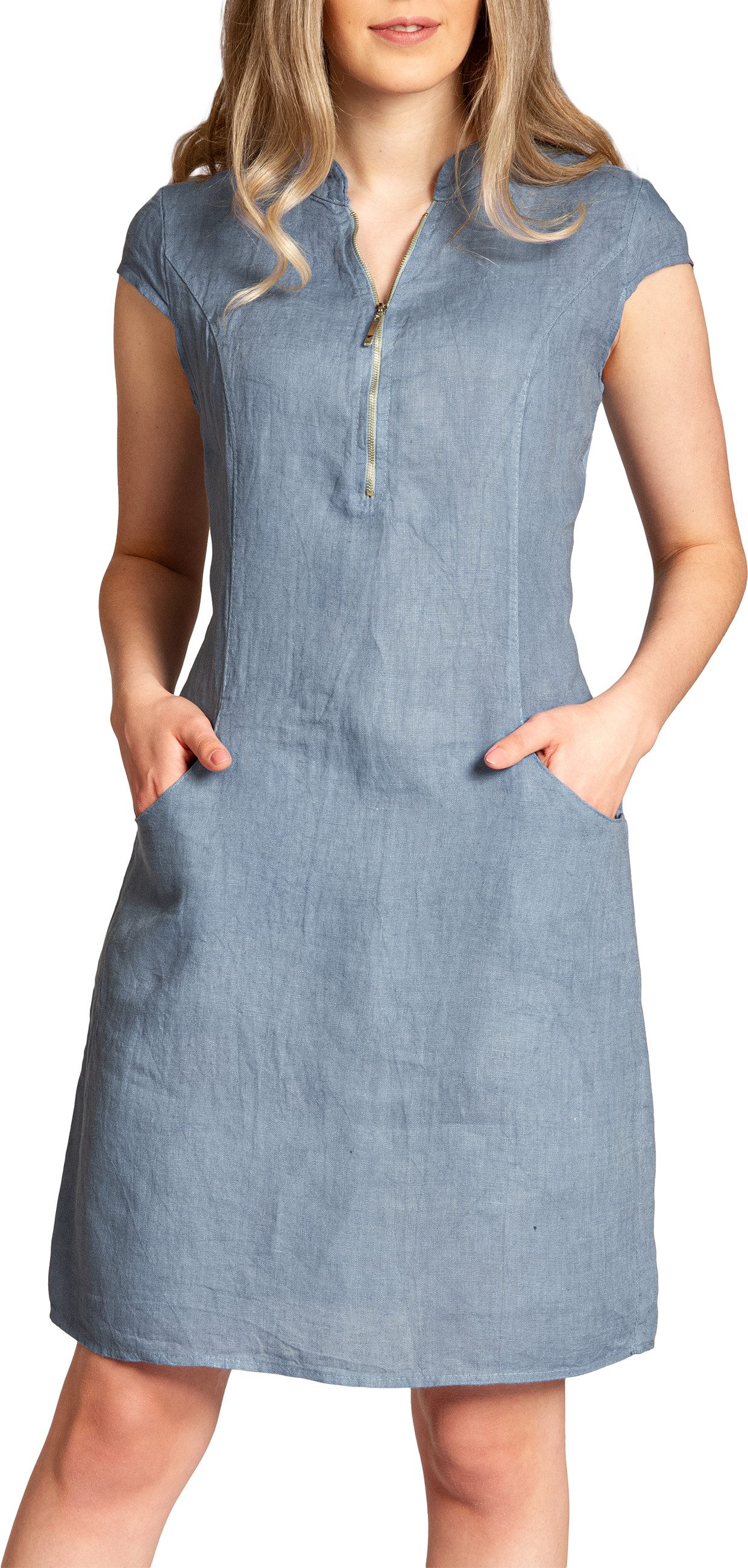 Caspar Sommerkleid SKL040 knielanges Damen Leinenkleid mit Reißverschluss Ausschnitt Luftig leicht, figurumspielende Form, mit seitlichem Jersey-Einsatz