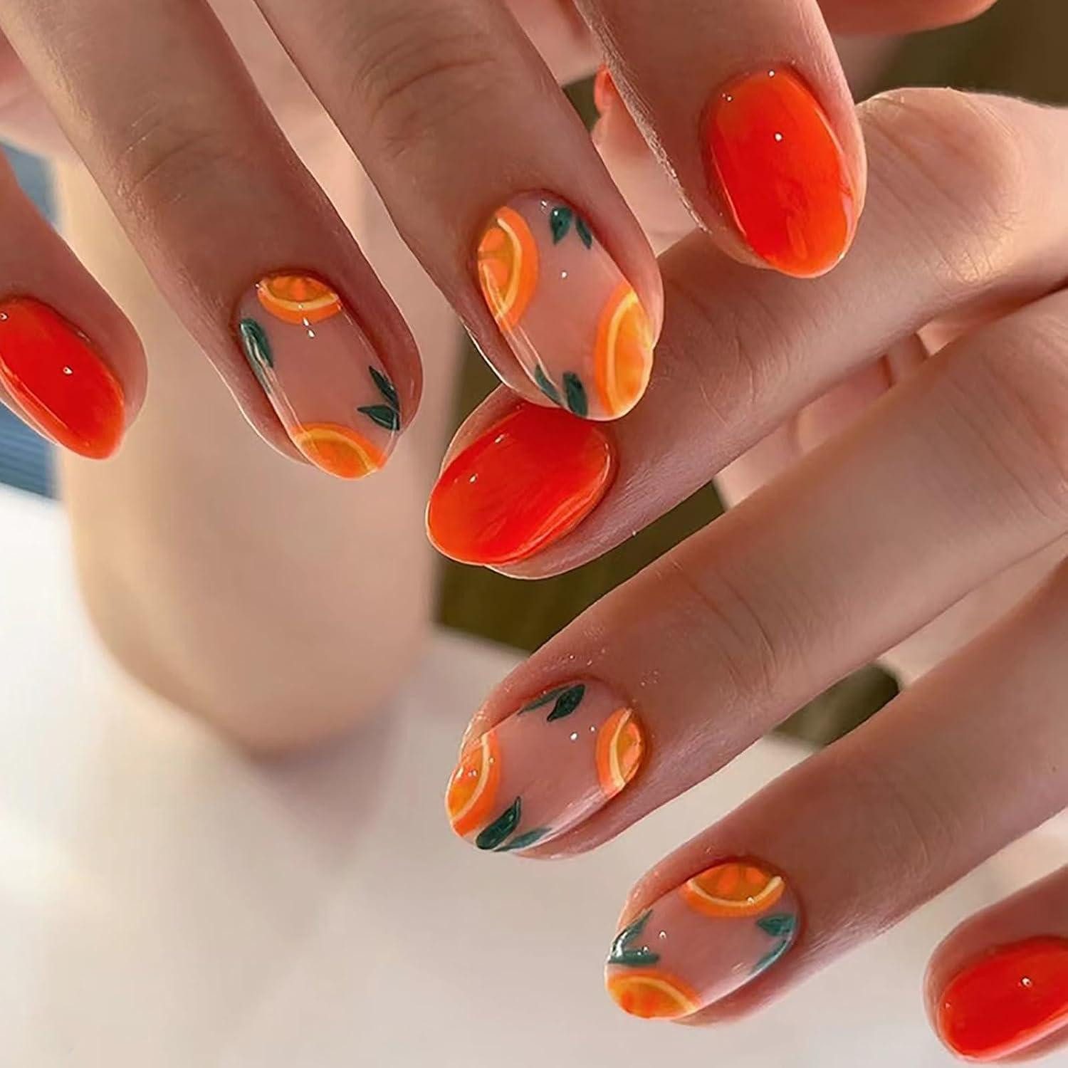 LuxusKollektion Kunstfingernägel Falsche Nägel Kurz Oval Orange Französisch 24 Sommersüße Orange