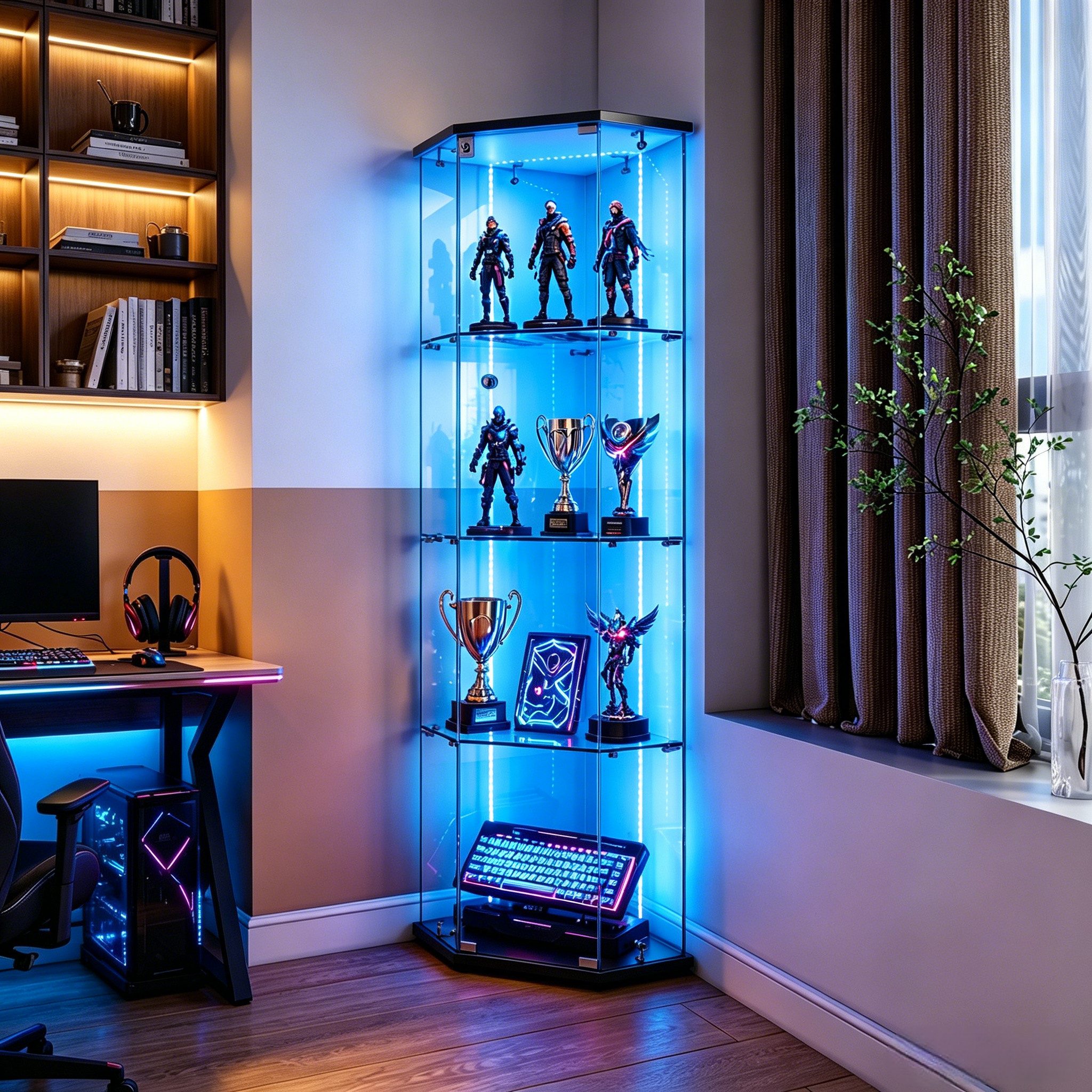 Simurq Glasvitrine Eckvitrine 162cm LED Sammlervitrine,4 Lagen Eck-Glasvitrine Stehend (Packung, Sammlervitrine Schauvitrine mit 1 türen und Schloss, Gehärtetes Glas) LED-Streifenbeleuchtung; Mit Schloss;Fünfeckiges Design;Einzeltür
