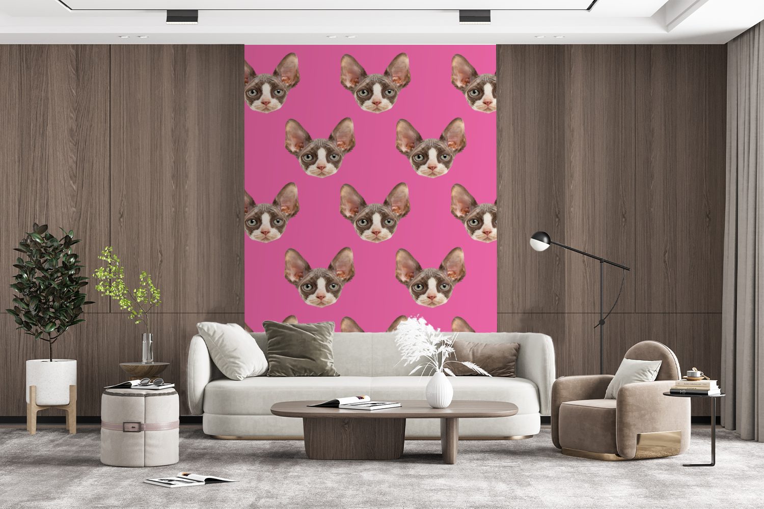 - Montagefertig Matt, St), MuchoWow Muster, Wohnzimmer, bedruckt, Wandtapete für Vinyl - Katze Rosa (3 Tapete Fototapete