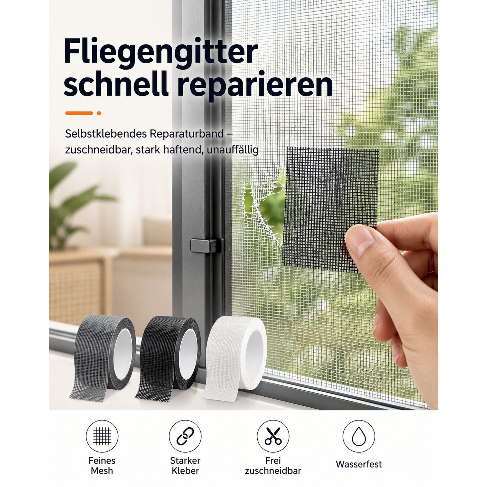 JASLIFE Fliegengitter-Gewebe Reparaturband 5 cm x 2 m selbstklebend für Fenster & Türen, (Einzelartikel, 1 Rolle Reparaturband), selbstklebend, zuschneidbar, wa – Bild 3 von 5