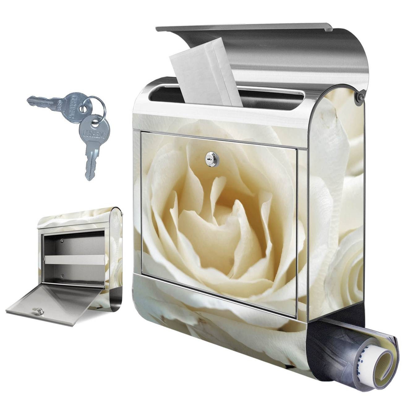 banjado Wandbriefkasten Edelstahl White Roses (Wandbriefkasten groß, mit Zeitungsfach), 38 x 42,5 x12cm