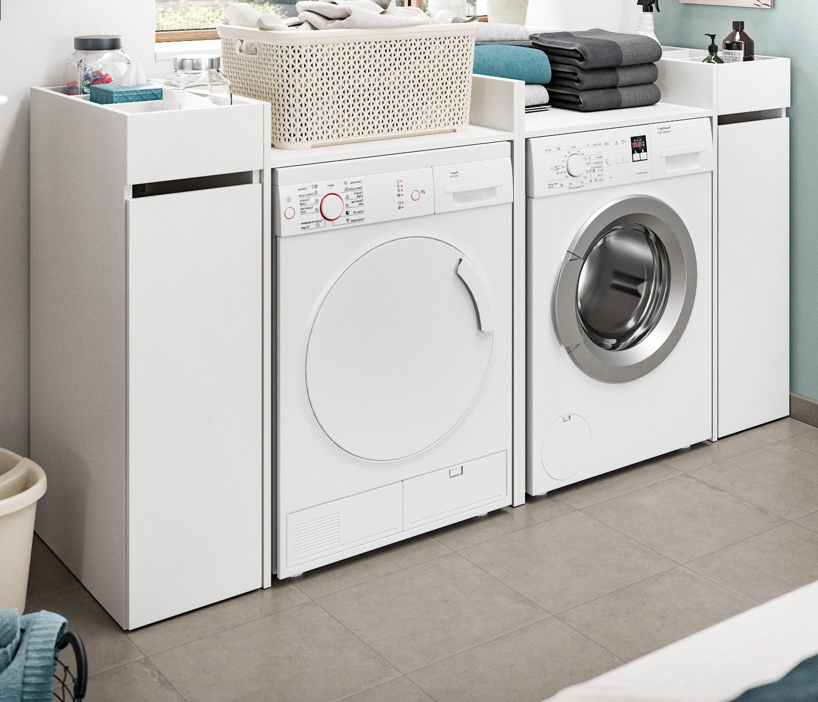 Inn.Furn Waschmaschinenumbauschrank Flexy (in weiß, 4-St., Set 2x Umbauschrank mit 2x Kommode) für Waschmaschinen und Trockner