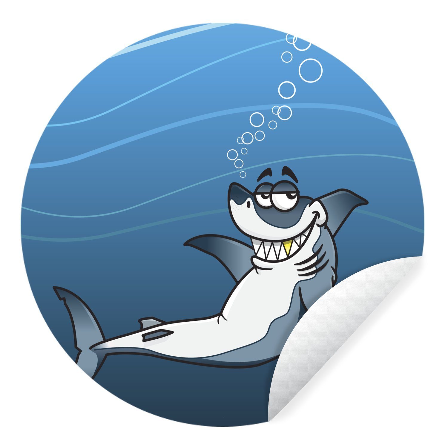 MuchoWow Wandsticker Eine Illustration eines lachenden weißen Hais im Meer (1 St), Tapetenkreis für Kinderzimmer, Tapetenaufkleber, Rund, Wohnzimmer