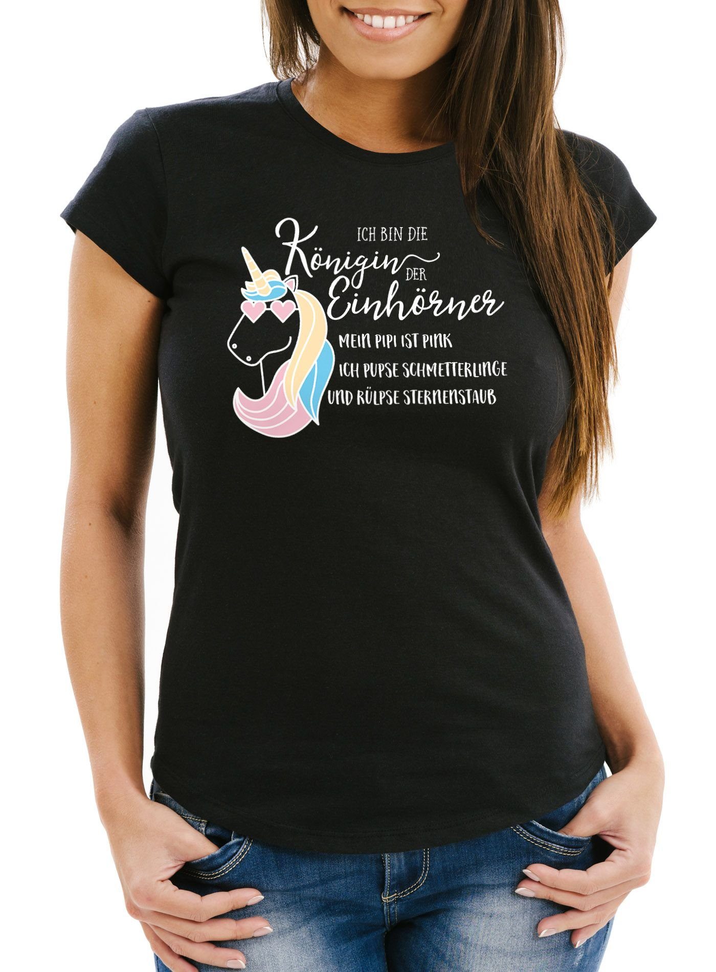 Print-Shirt Damen T-Shirt Einhorn Spruch ich bin die Königin der Einhörner Slim