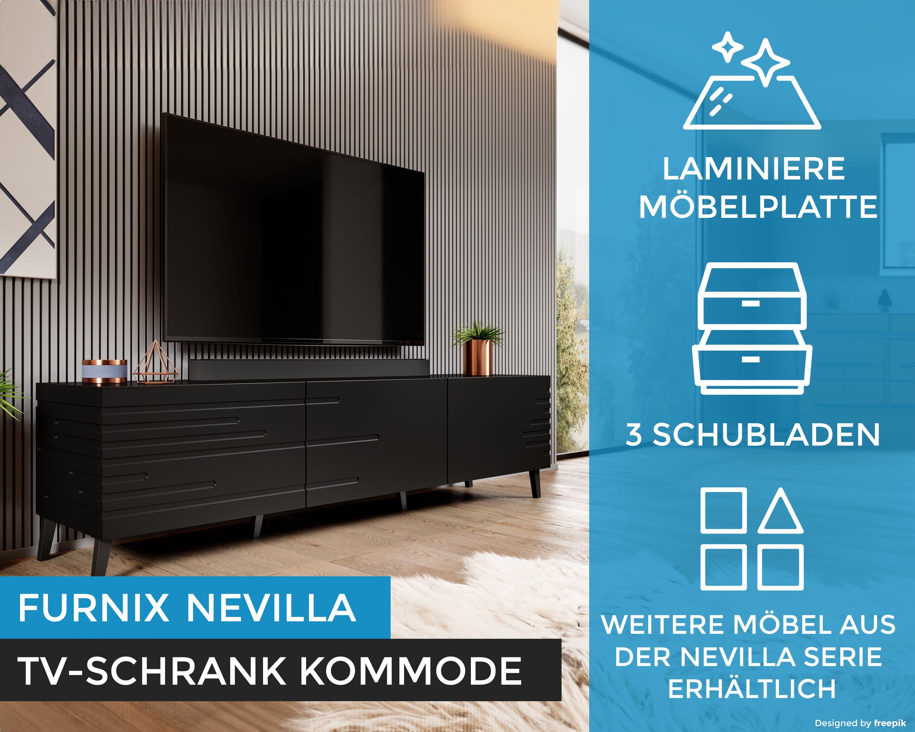 Schwarz gefrästen dekorativen x Maße: Fronten cm Furnix NEVILLA TV-Schrank x B186 Fernsehschrank T40 H48 mit