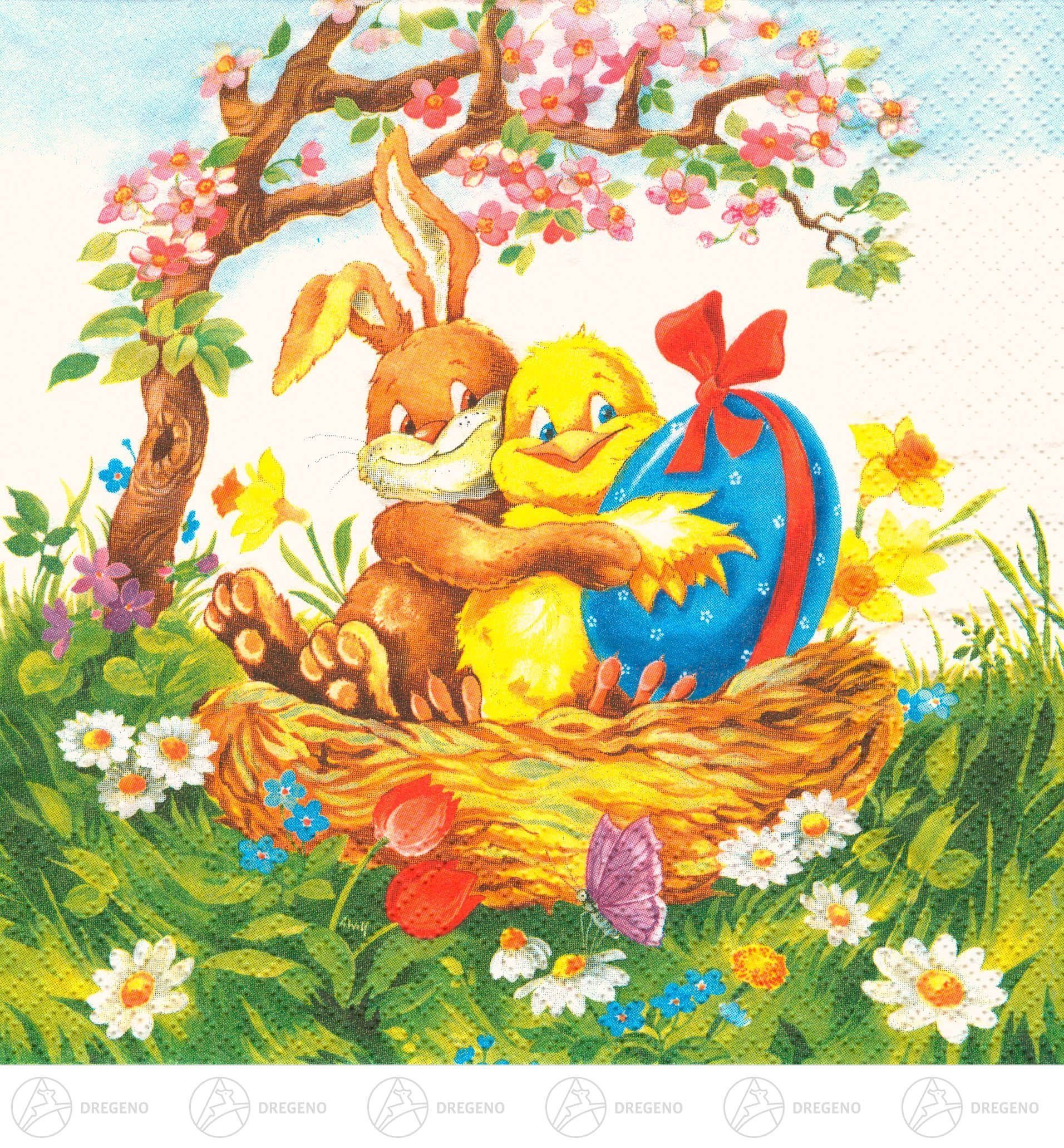 Dregeno Erzgebirge Tischkartenhalter Servietten Hase und Kücken im Korb (20) Breite x Höhe ca 33 cmx33 cm, Papier