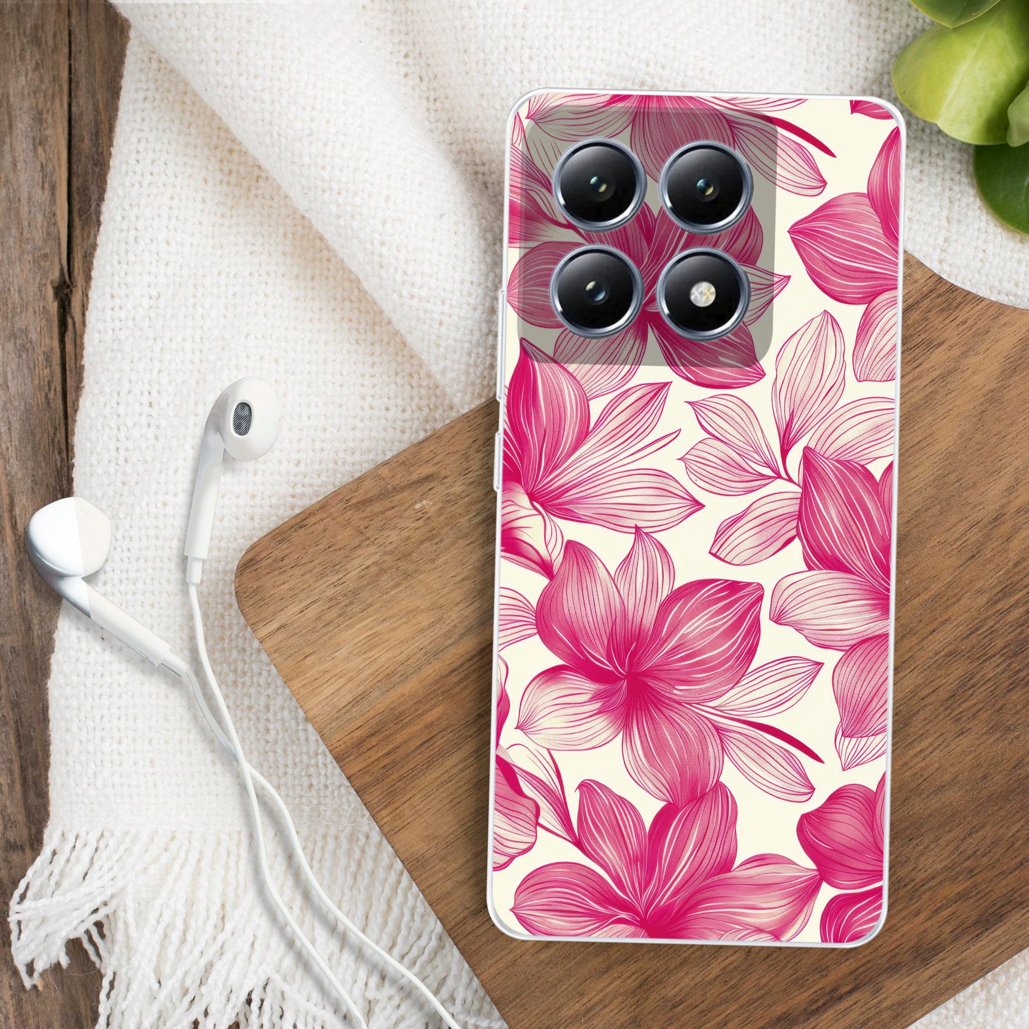 MuchoWow Handyhülle für Xiaomi 14T Blumen - Muster - Rosa - Weiß, Handy Case, Silikon, Bumper Case Dünn