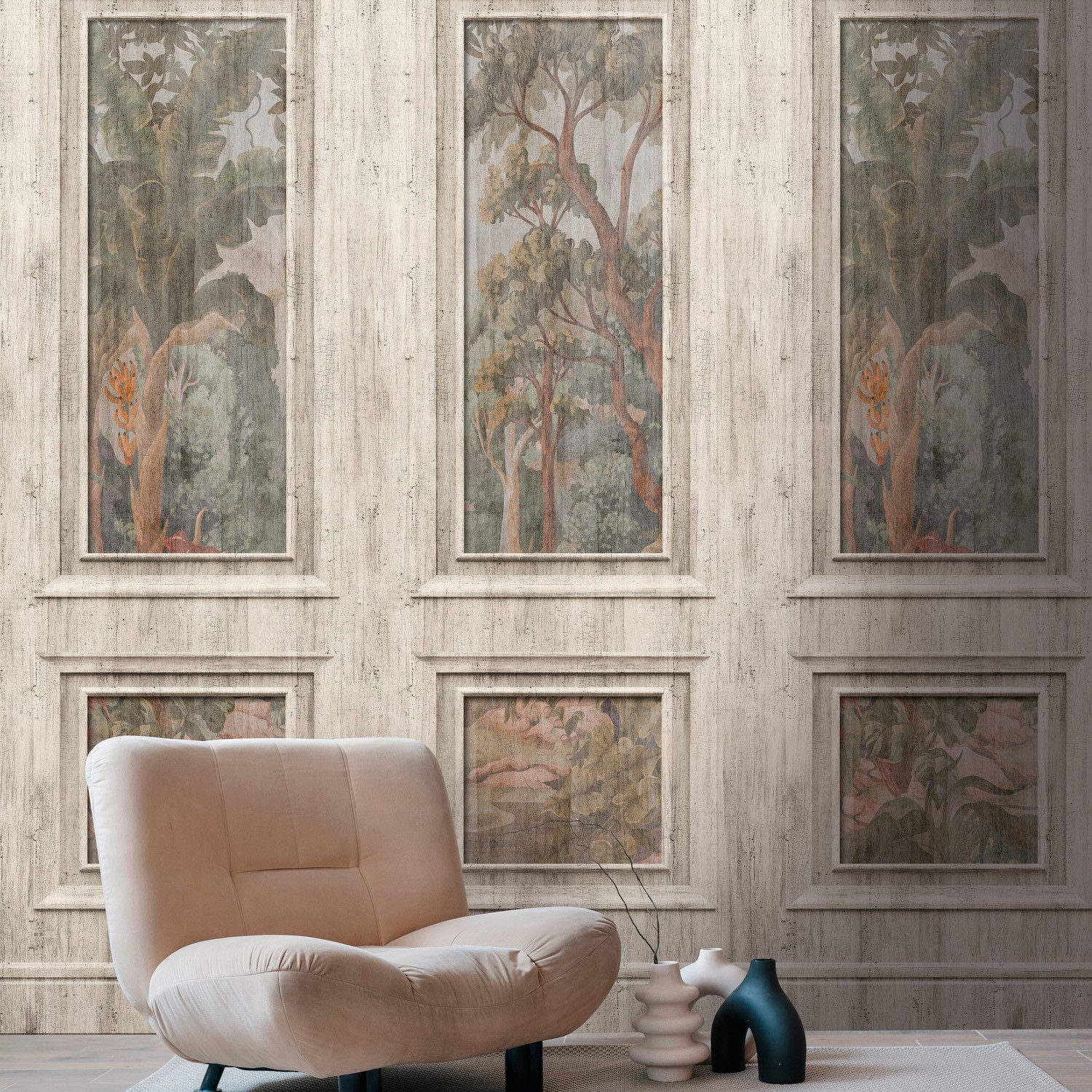 living walls Fototapete Wallpanel Tapete Wandpaneele Motivtapete Wald Landhaus, strukturiert, matt, (1 St), Vliestapete Holz-Optik für Schlafzimmer Küche Wohnzimmer Wandpaneele
