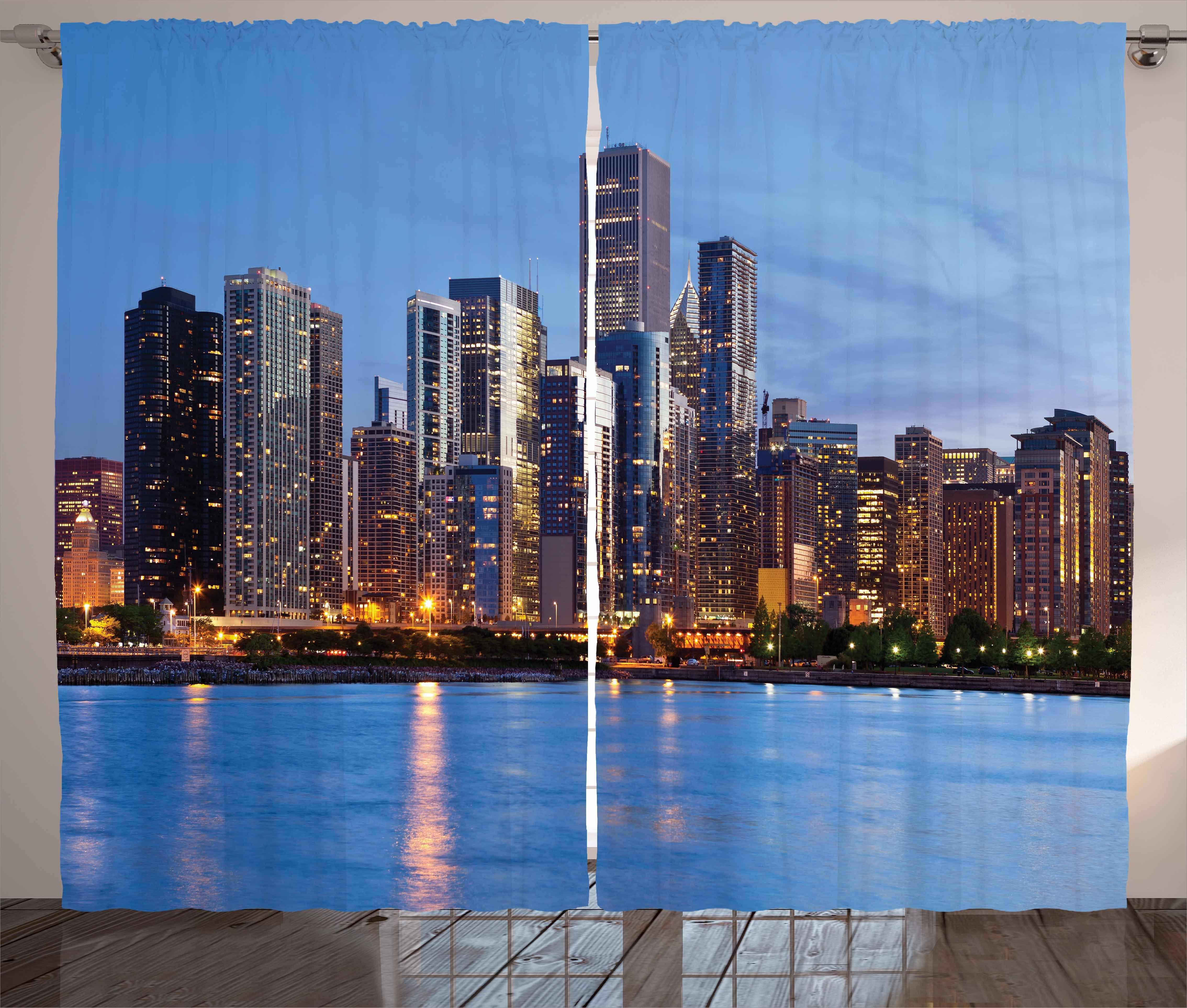 Gardine Schlafzimmer Kräuselband Vorhang mit Schlaufen und Haken, Abakuhaus, Chicago Skyline Big City Sunset
