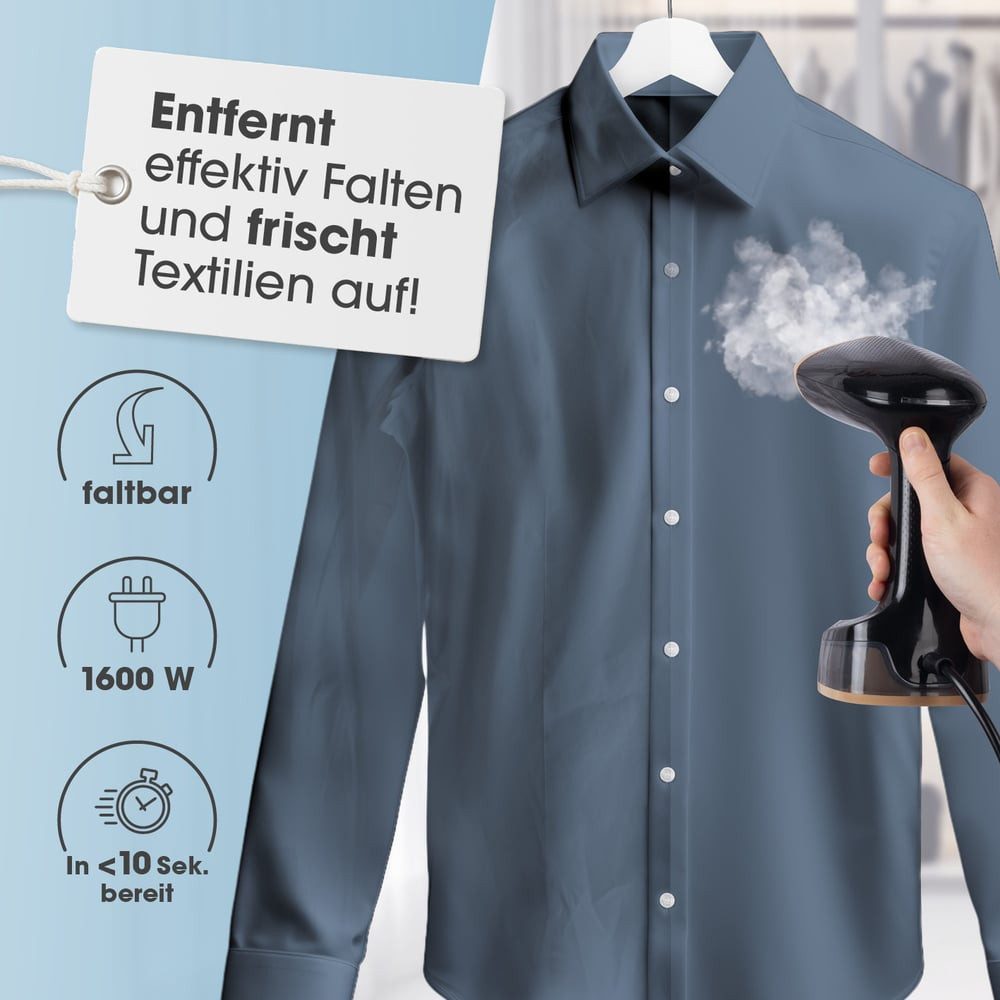 CLEANmaxx Dampfbürste faltbar 1600W schwarz 165ml Tank, 1600 W, Dampfglätter für Kleidung, Mit 2in1 Funktion