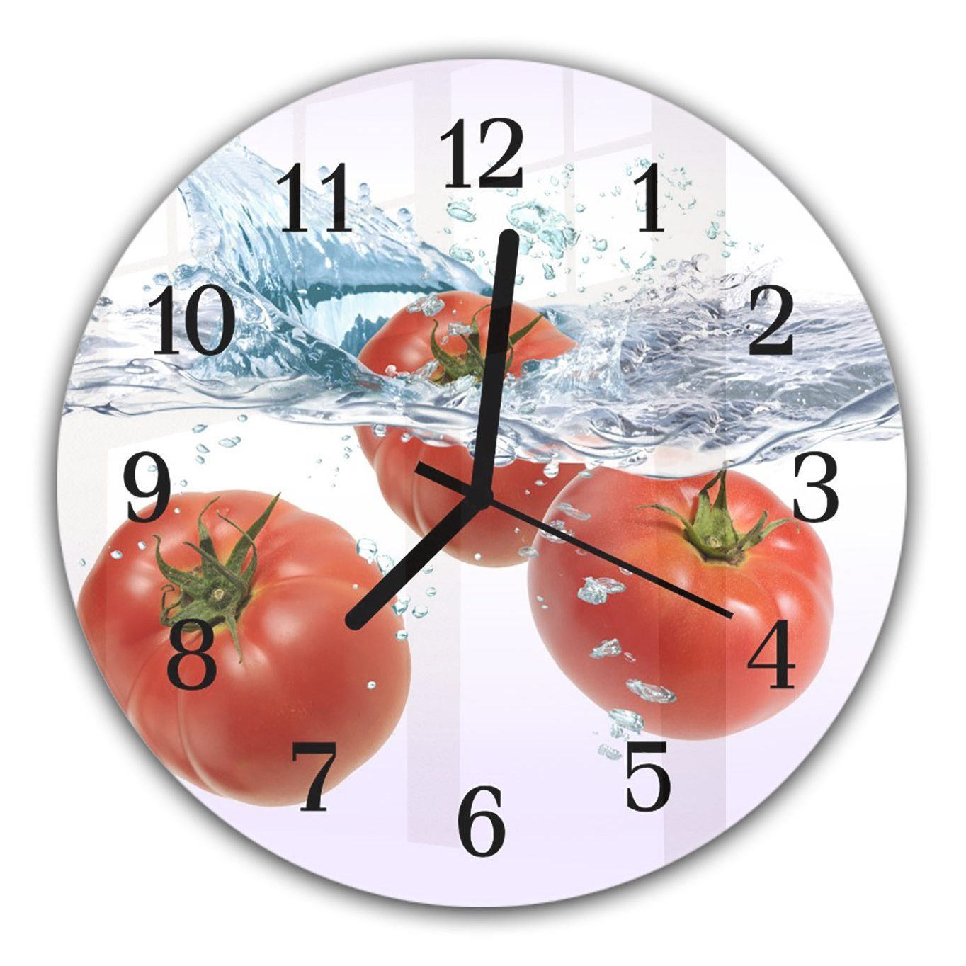 Primedeco Wanduhr Wanduhr aus Glas mit Motiv Tomaten im Wasser - Rund mit Durchmesser 30 cm und Quarzuhrwerk