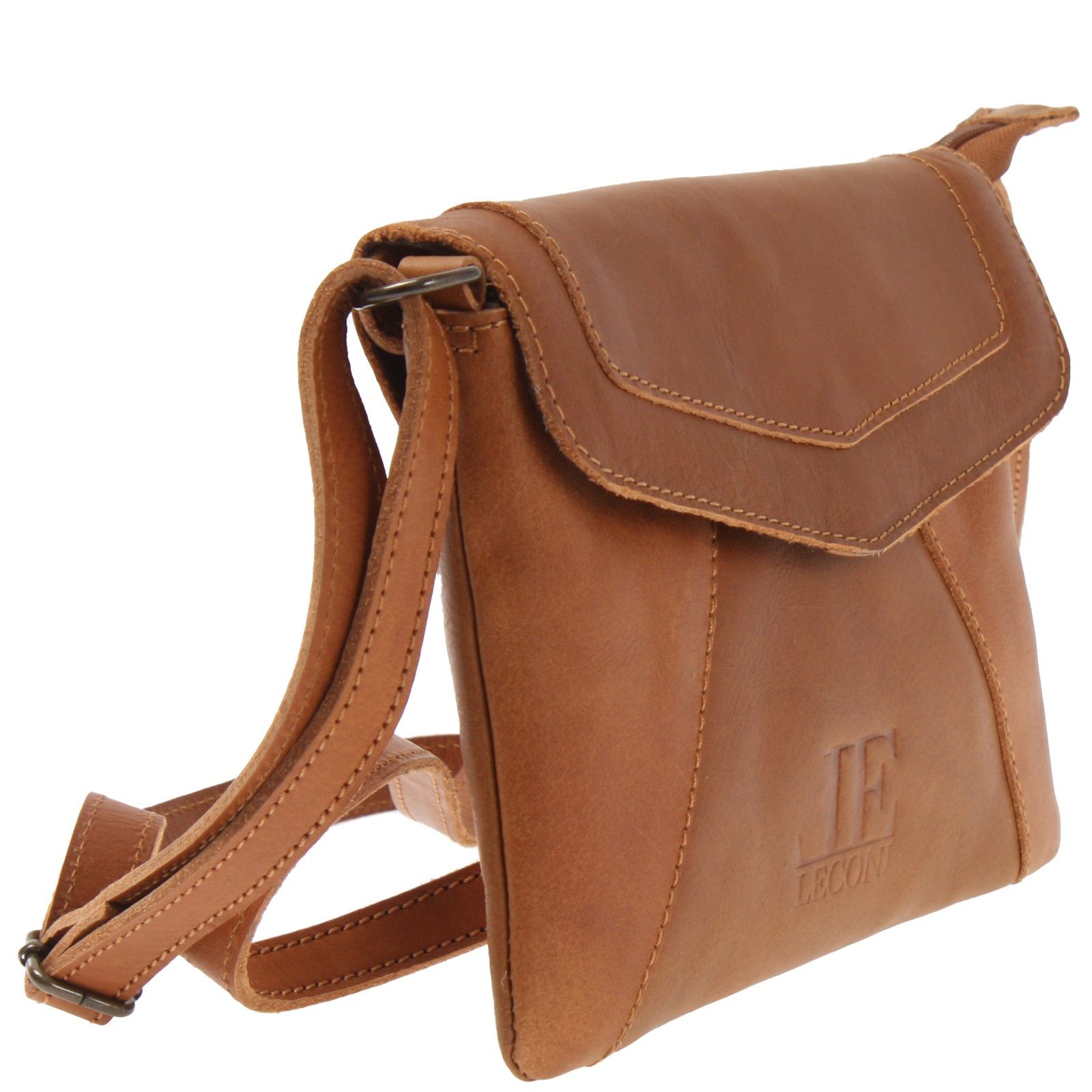 LECONI Handtasche kleine Umhängetasche Clutch Ledertasche Schultertasche Leder LE3078, Überschlag mit Magnet - längenverstellbarer Riemen - 21x16x3 cm
