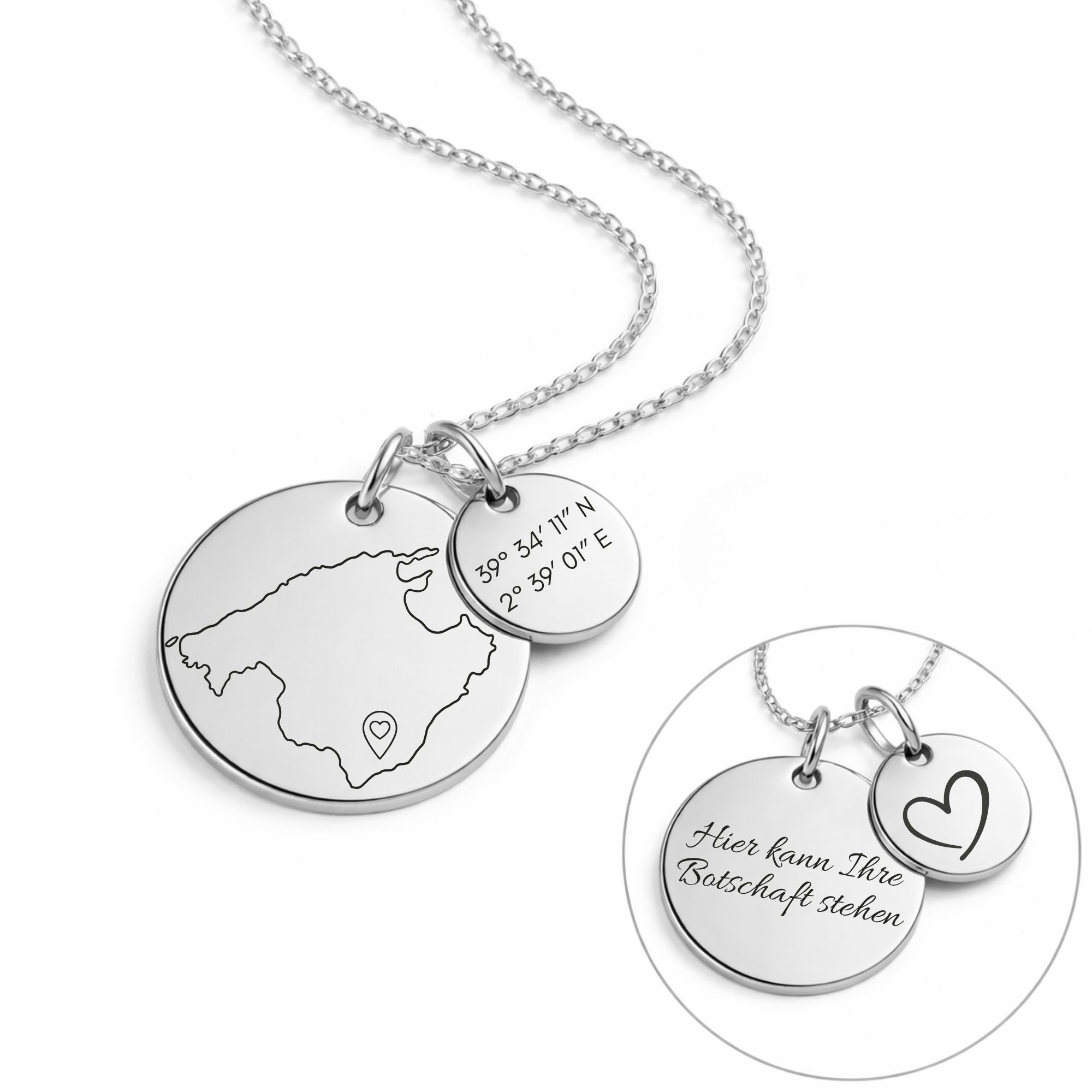 BS Schmuckdesign Kette mit Anhänger mit Gravur Personalisierte Halskette Damen Lieblingsort Gravur Koordinaten Symbol (inkl. Gravur), vollständig personalisierbar inkl. Geschenkbox