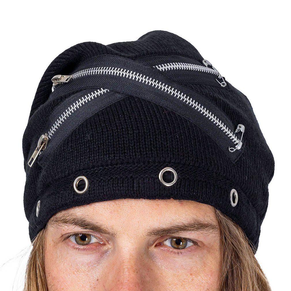 Heartless Beanie Ditch Hat Schwarz Punk Zips Gothic Nieten Reißverschluss Ösen