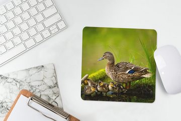 MuchoWow Mauspad Ente - Vögel - Wasser - Zweig - Moos (1-St), Gaming, Mousepad, Büro, 20x20 cm, Mausunterlage