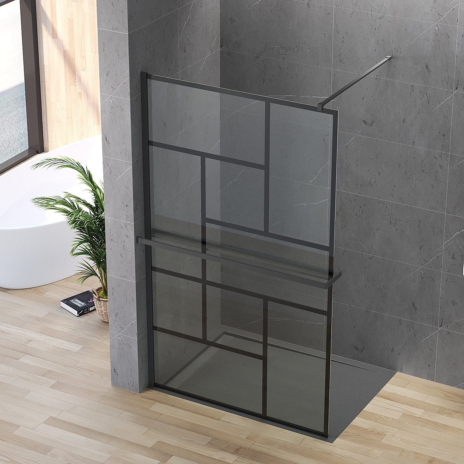 AQUALAVOS Walk-in-Dusche Duschabtrennung mit Handtuchhalter & Ablage Mattschwarz Dekor Kariert, 8mm Sicherheitsglas mit NANO Beschichtung, 100/120×200 cm links/rechts montierbar auf Duschwanne oder Boden