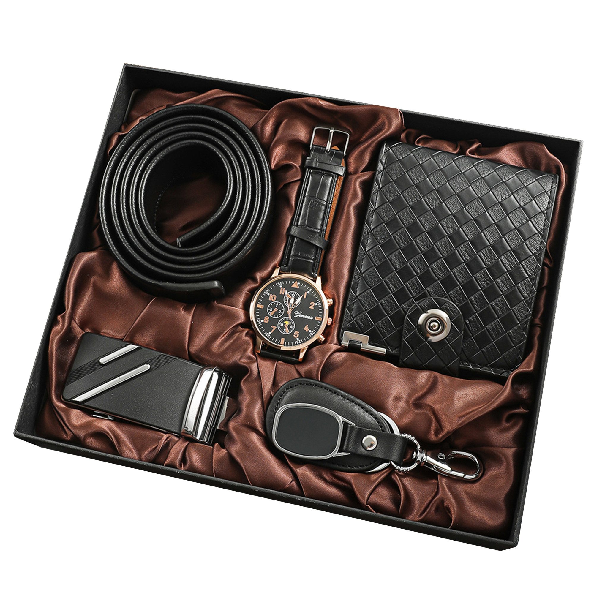 Luckice Geschenkbox 4PCS Männer Gürtel Quarzuhr Geldbörse Schlüsselanhänger (Herren Geschenkbox Sets,für Ihren Vater,Männer, Sohn, Freund und Kollegen, Geschenke für papa, Wichtelgeschenk, Weihnachtsgeschenk), mit Ledergürtel Wallet Watch Schlüsselanhänge