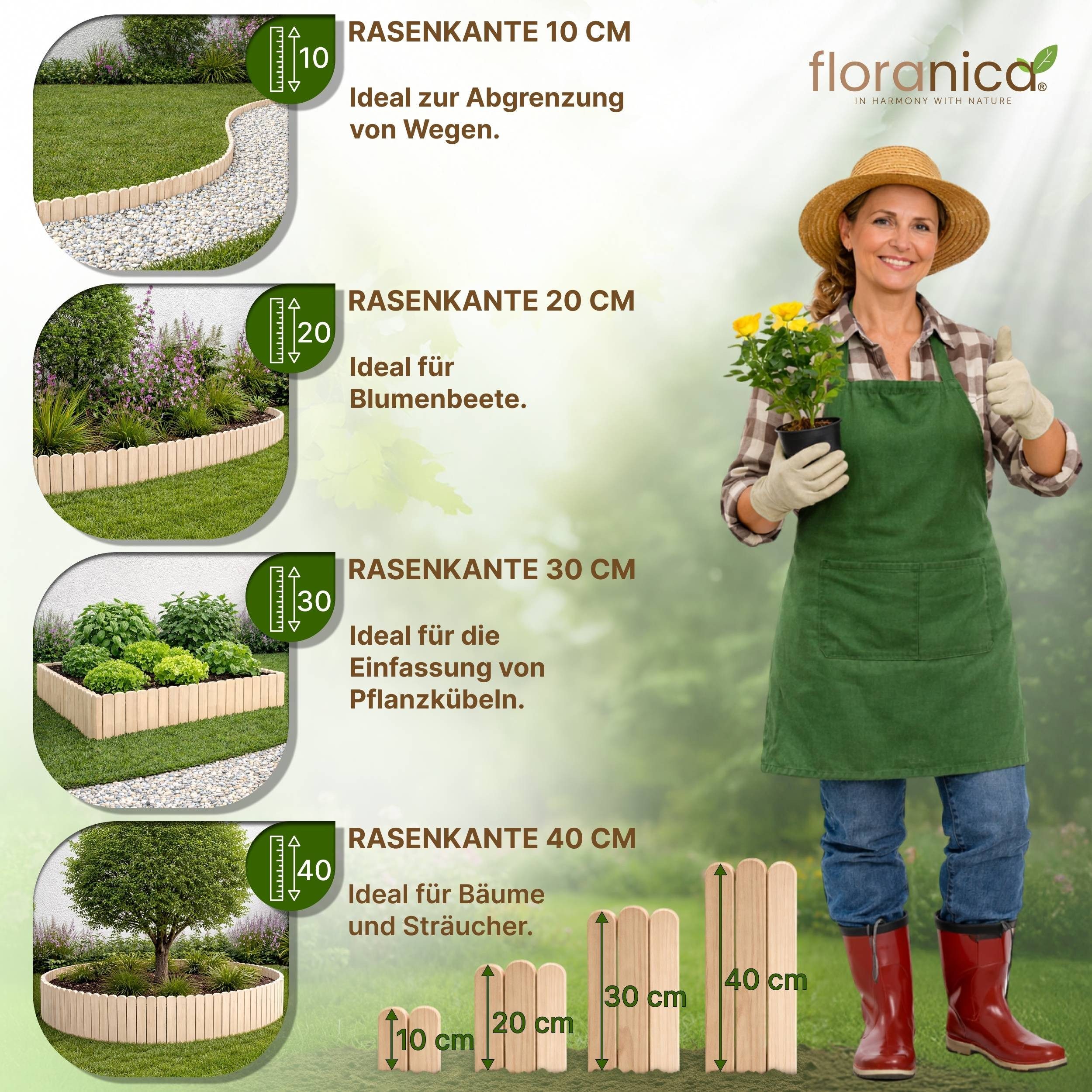 Floranica Palisade Flexible Rasenkante Beeteinfassung Beetumrandung Rasenkante aus Holz, LxH: 100x10 cm, Unimprägniert, Steckzaun - Umzäunung für Hochbeete Blumenbeeten Wege Rasenbegrenzung