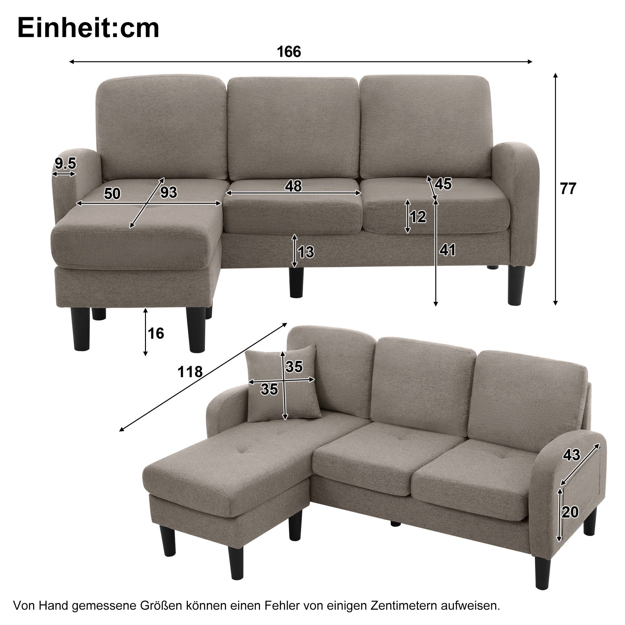 Celya Ecksofa L-förmiges Ecksofa mit Chaiselongue, 3-Sitzer Sofa, Ideal für Wohnzimmer, Apartments und Büros, 166 x 118 x 77 cm, Atmungsaktiver Baumwoll-Leinenstoff