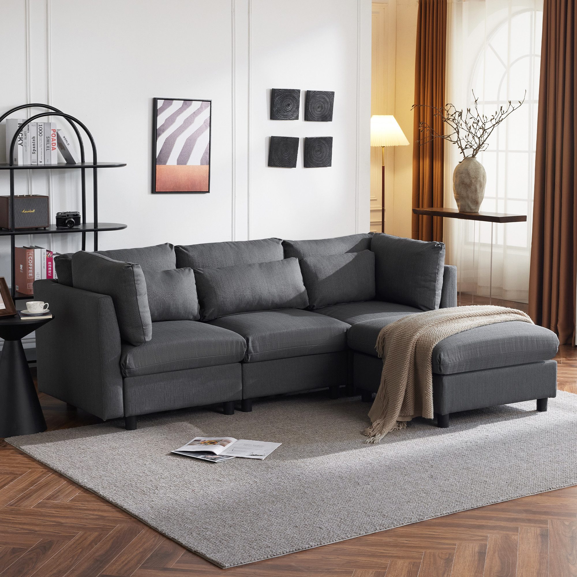 Merax 3-Sitzer mit Hocker, XXL Sofa, aus Leinen mit 2 Kissen, Sofagarnitur, Loungesofa, modulare Couch