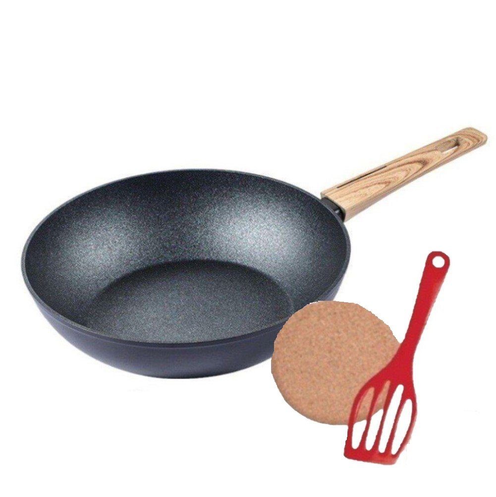 KESSMANN Wok Pfanne Induktion Wokpfanne 28 cm 3tlg Bratpfanne für alle Herdarten, Aluminium (Set, 3-tlg., Inkl. 1 Pfannenwender + 1 Kork-Untersetzer Antihaftbeschichtet), Pfannenset Induktionsherd Kochpfanne Wok Hochrandpfanne Fanne