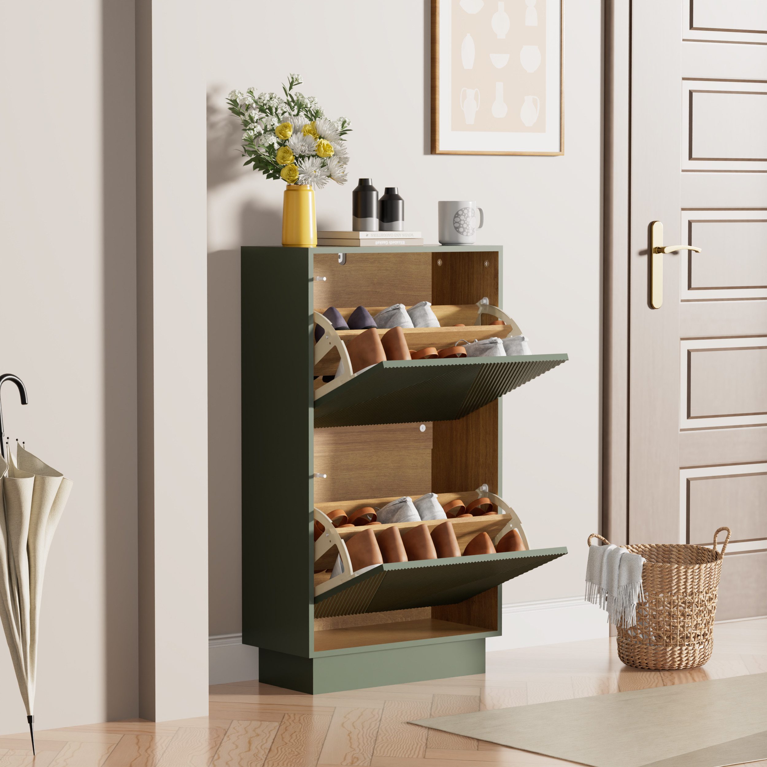 UEV Schuhschrank mit 2/3 Klappen schmal Schuhkommode mit Kippschutz Schuhregal (Packung, Schuhständeregal mit Drucktüröffner für Flur Eingang Platzsparend) Trennwände verstellbar und abnehmbar für verschiedene Schuhtypen