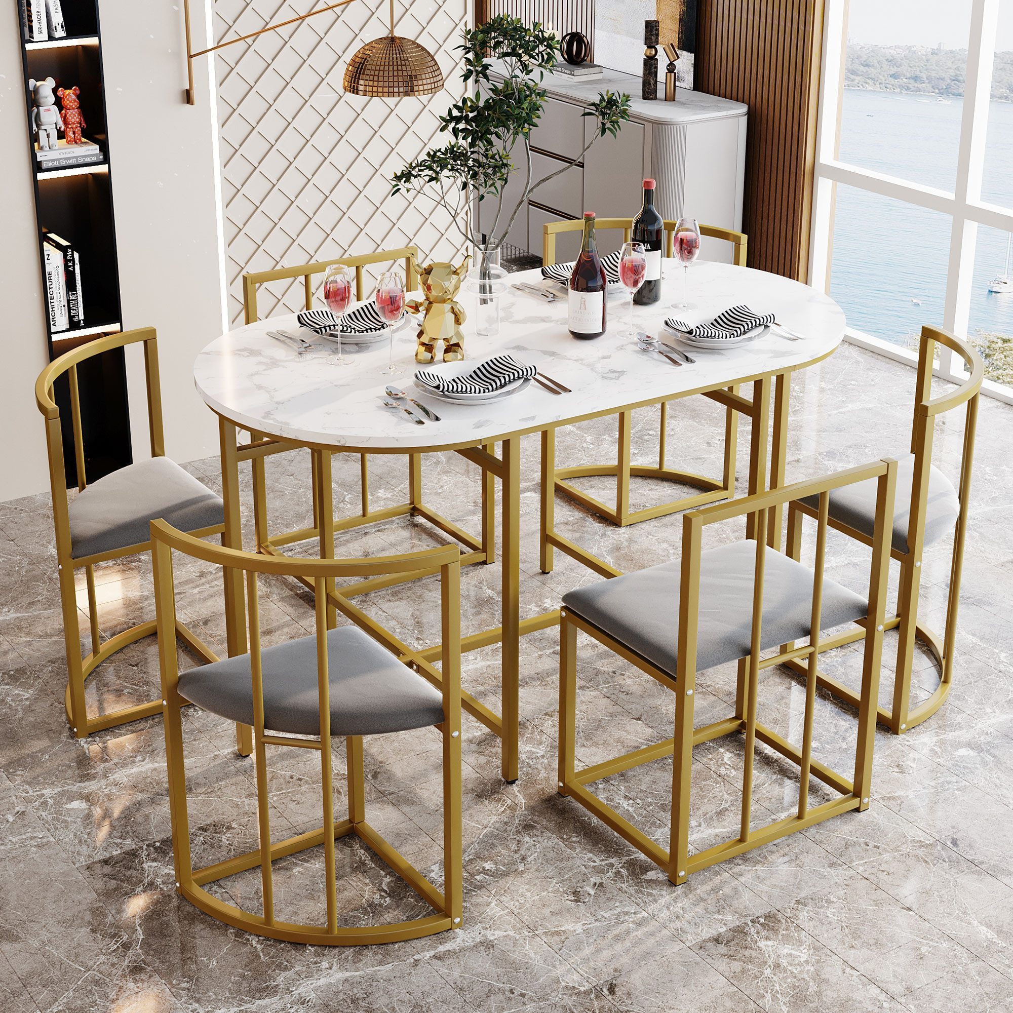 IDEASY Essgruppe 7-tlg, Esstisch+6 Esstischstuhl mit Rückenlehnen und grauen Polstern, (Sechs-Stuhl Esstischset, Weißer Tisch, Gold/Schwarz Eisengestell), Moderne Esstischkombination, 4 kleinen Hockers und 2 großen Hockers